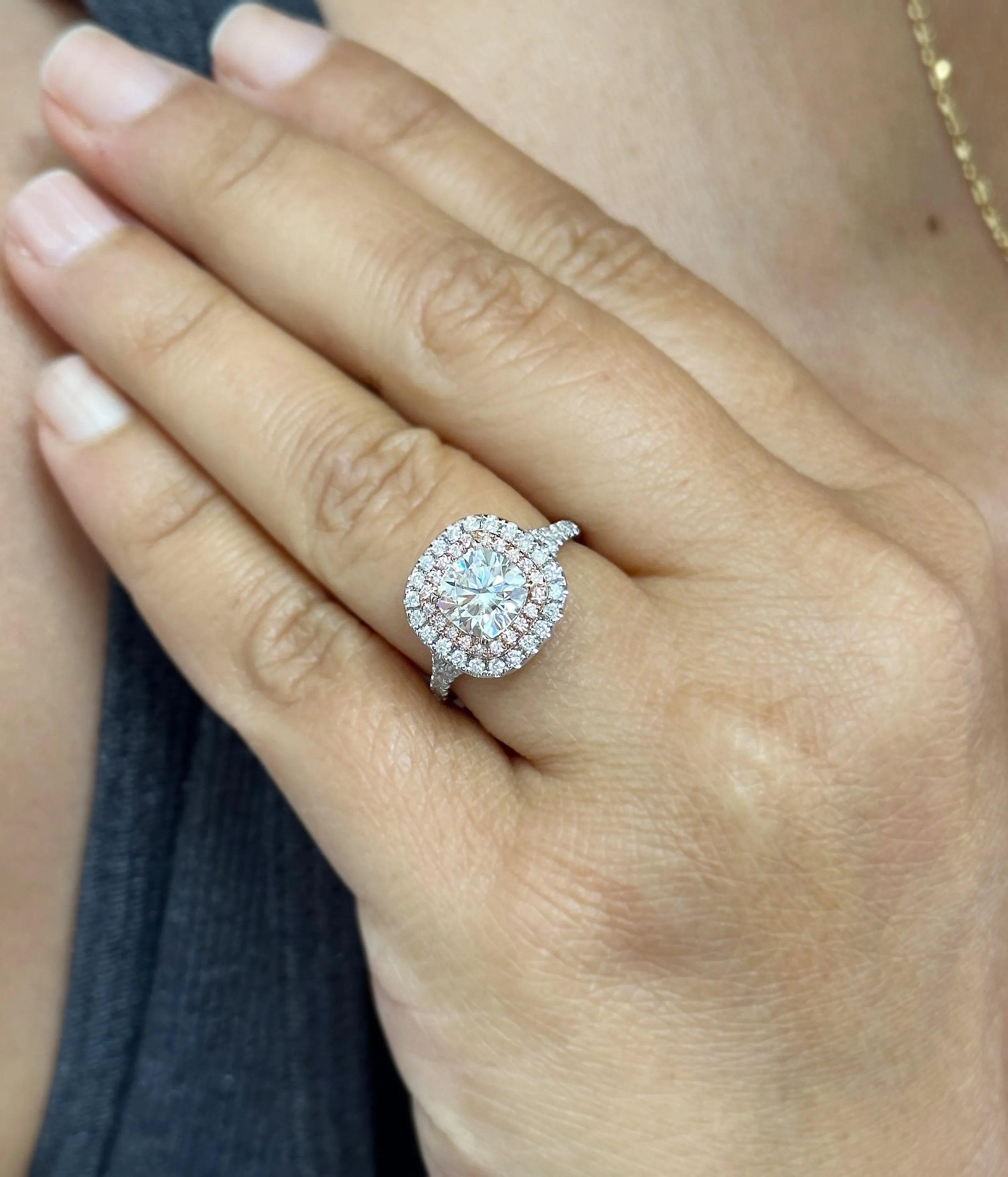Cushion Cut Moissanite And Round Cut Sides Engagement Ring Double Halo Split Shank Style 14k Solid White And Rose Gold Wedding Ring 3.00ctw