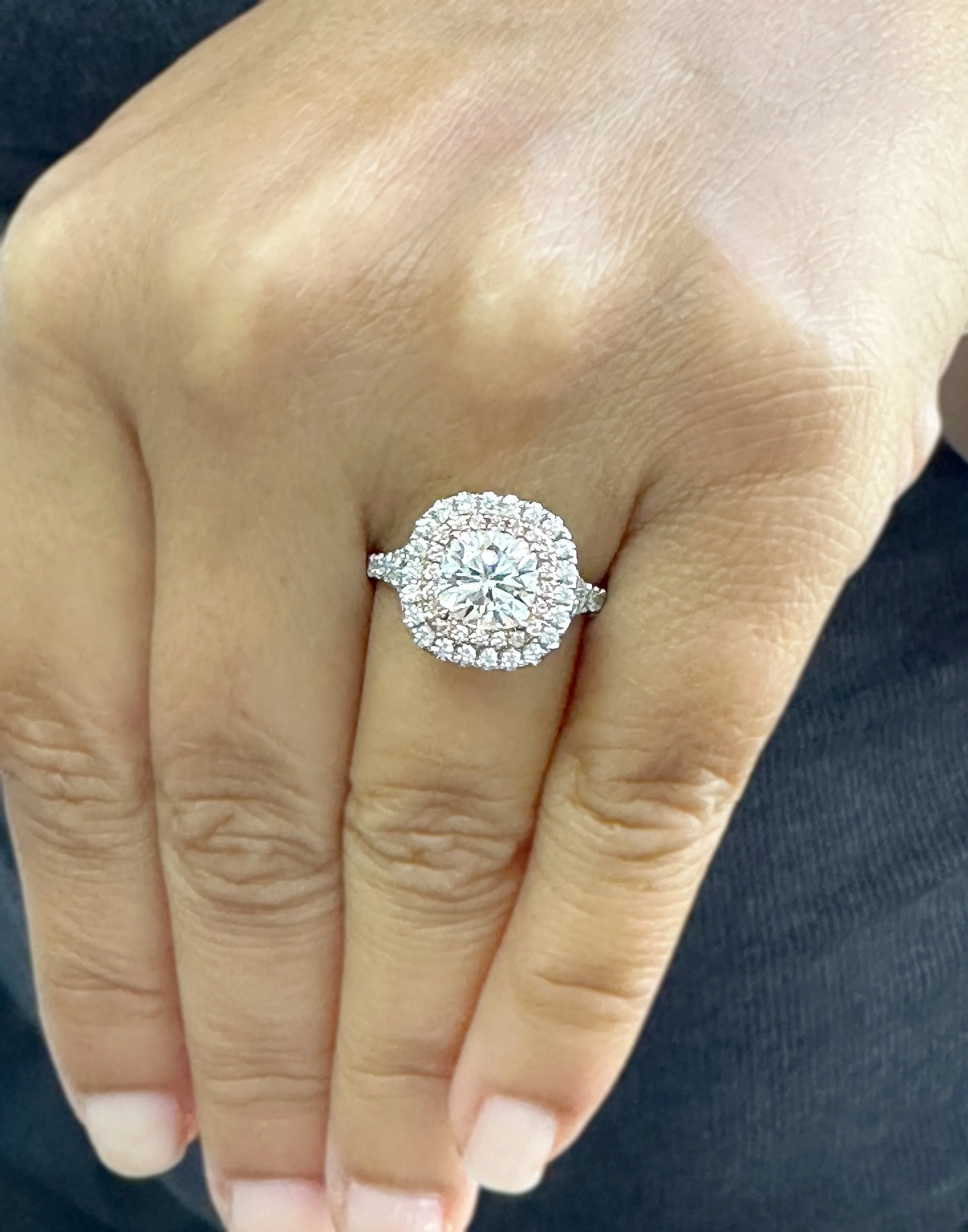 Cushion Cut Moissanite And Round Cut Sides Engagement Ring Double Halo Split Shank Style 14k Solid White And Rose Gold Wedding Ring 3.00ctw