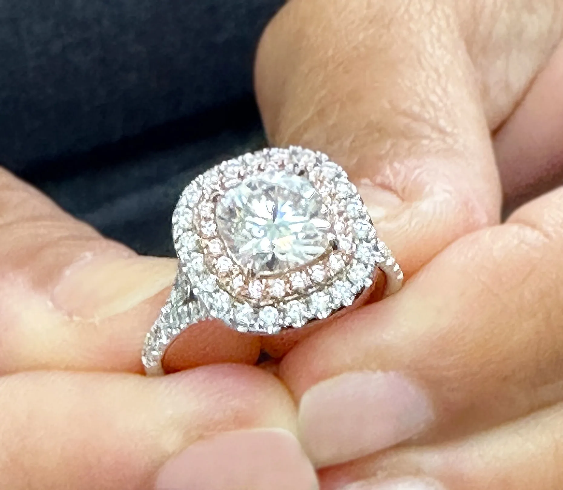 Cushion Cut Moissanite And Round Cut Sides Engagement Ring Double Halo Split Shank Style 14k Solid White And Rose Gold Wedding Ring 3.00ctw