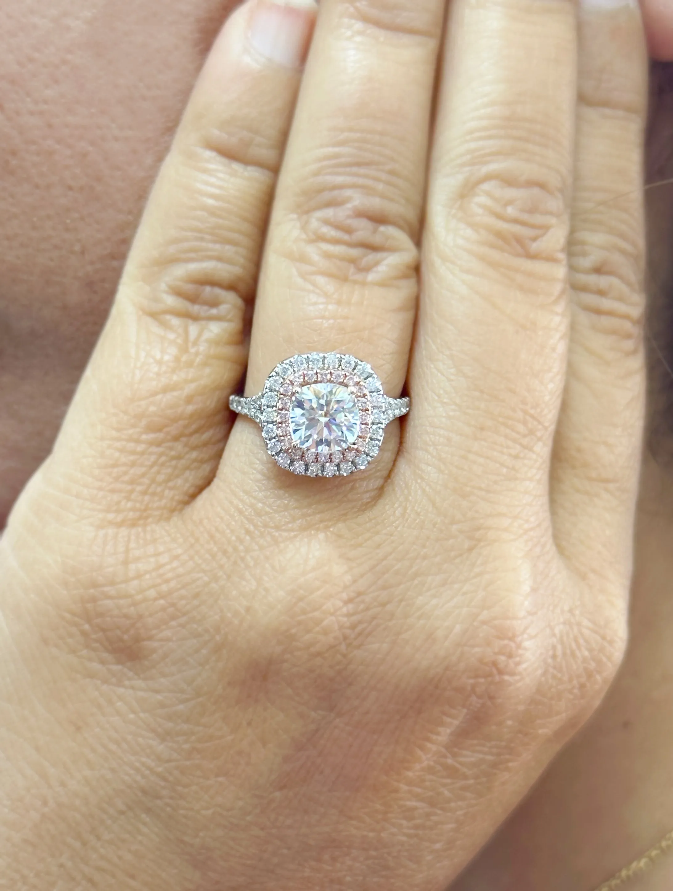 Cushion Cut Moissanite And Round Cut Sides Engagement Ring Double Halo Split Shank Style 14k Solid White And Rose Gold Wedding Ring 3.00ctw