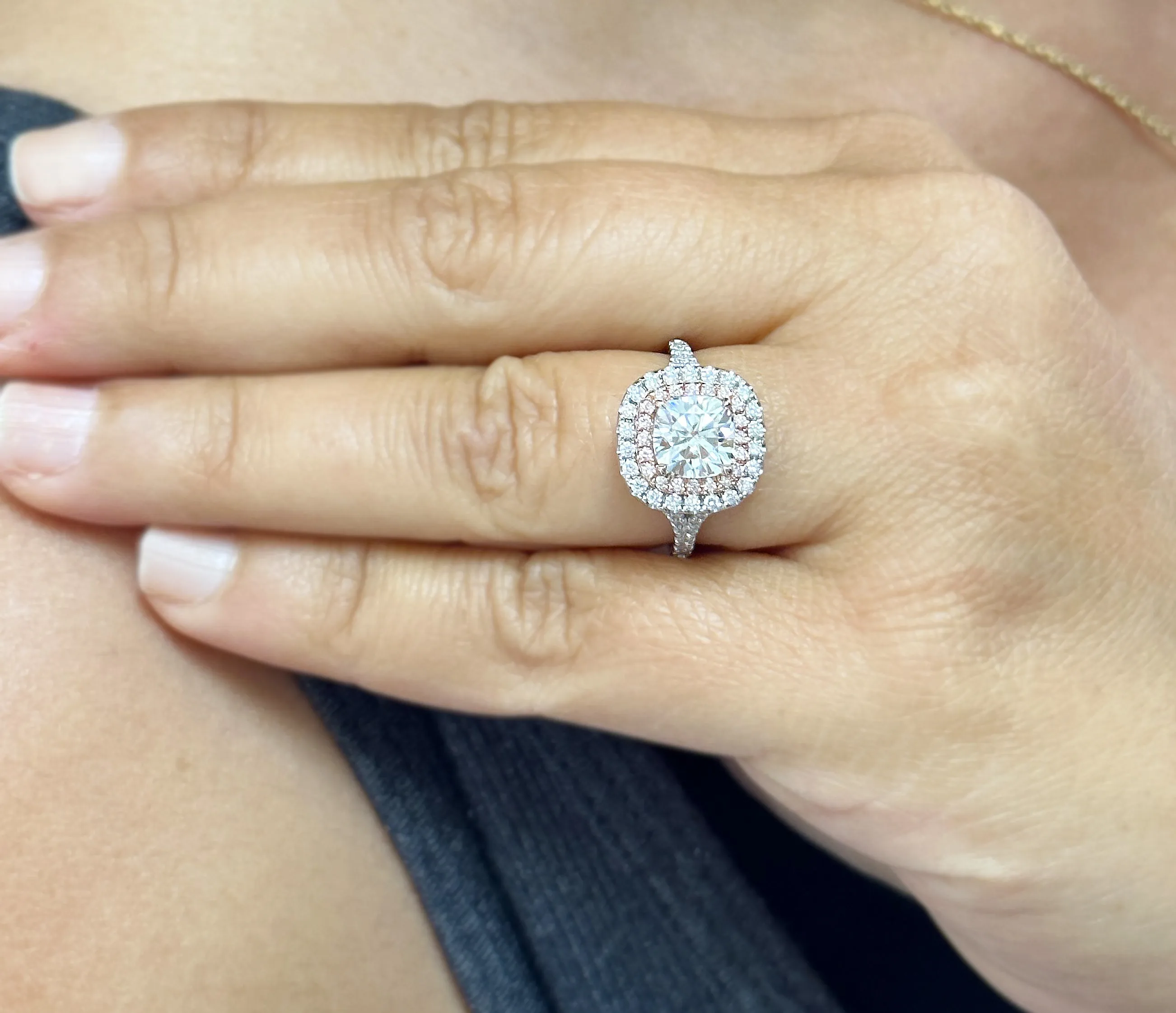 Cushion Cut Moissanite And Round Cut Sides Engagement Ring Double Halo Split Shank Style 14k Solid White And Rose Gold Wedding Ring 3.00ctw