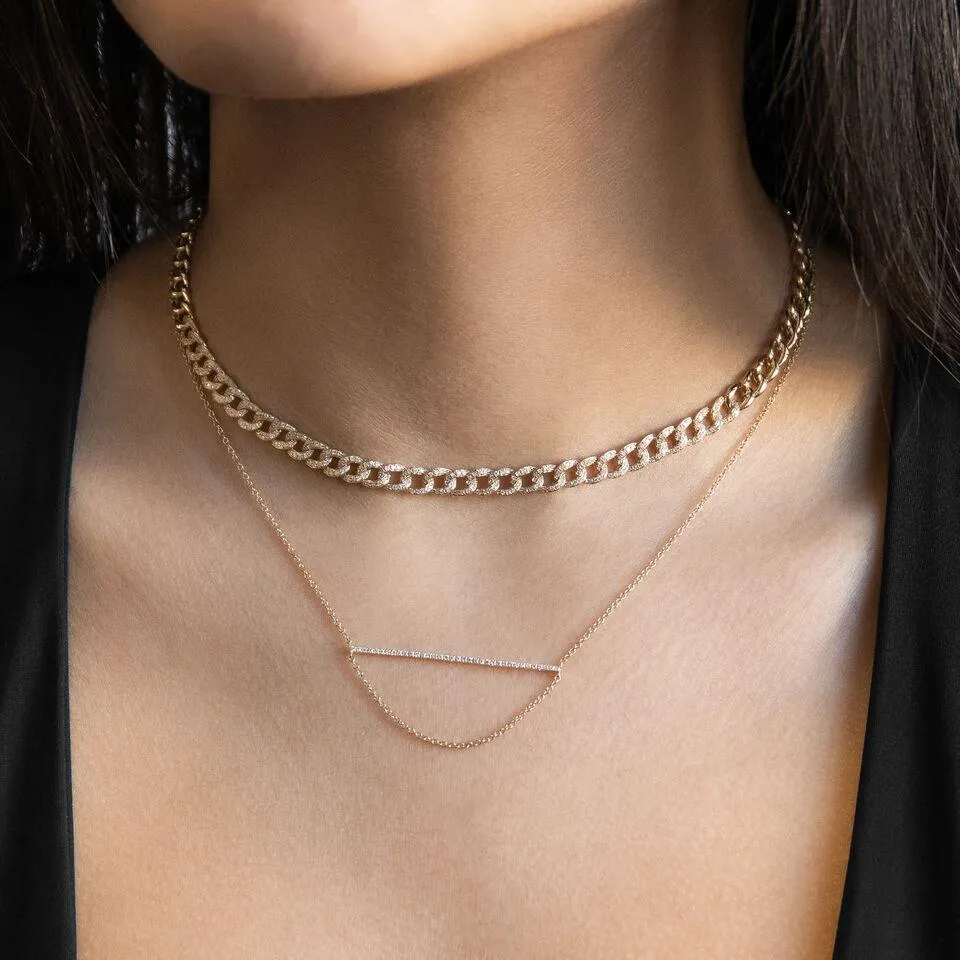 Diamond Bar and Hanging Chain Necklace 14K