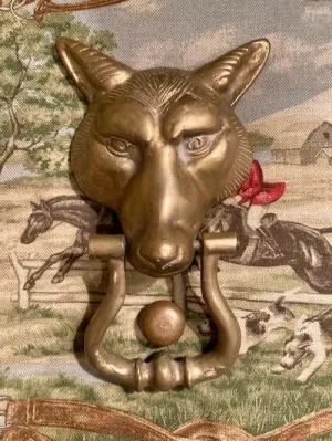 Door Knocker Brass Fox Mask with Strike Plate Vintage