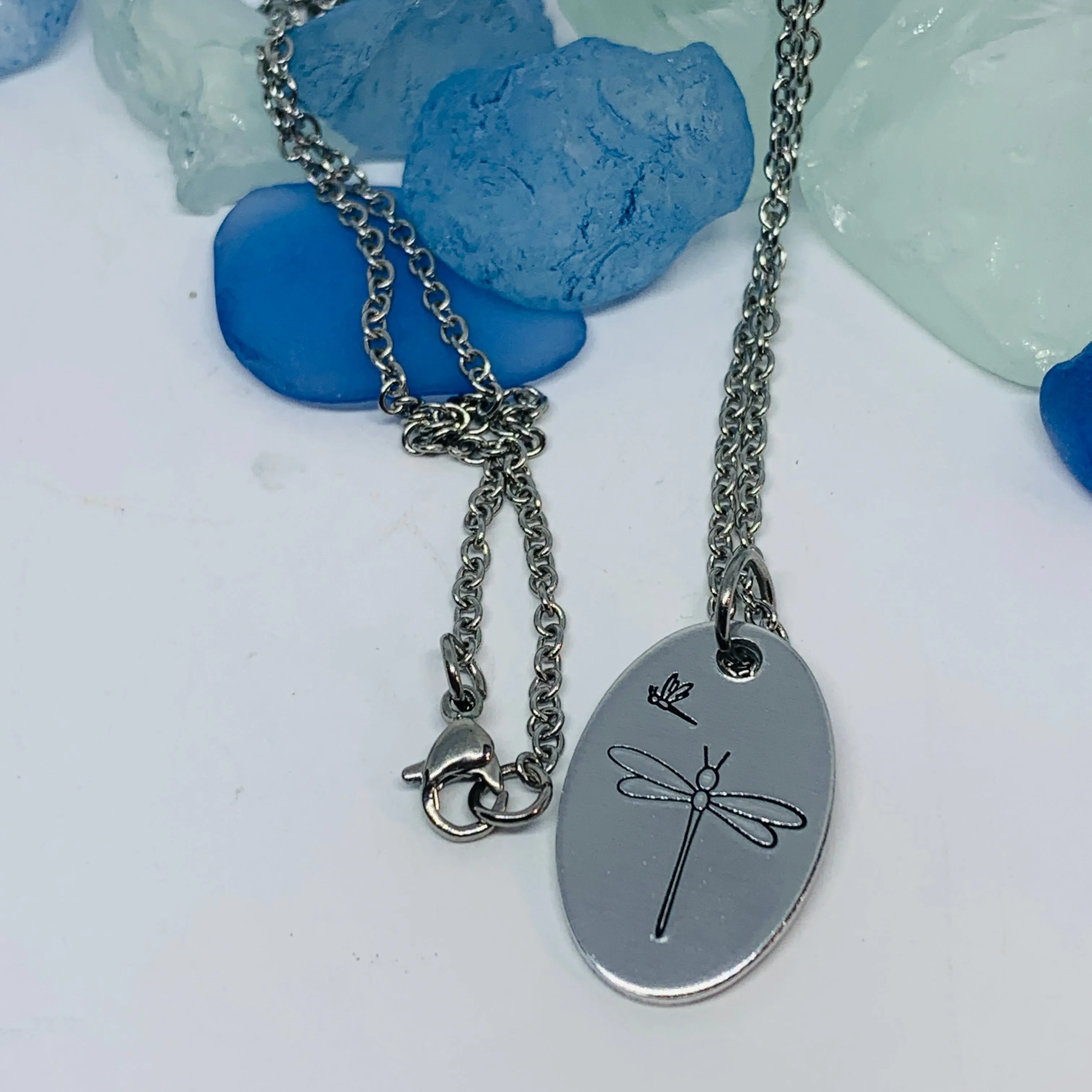 Dragonflies Hand Stamped Necklace | Dragonflies/Damselflies Oval Necklace | Gift for Her | Simple Gift | Odonata, Infraorder Anisoptera
