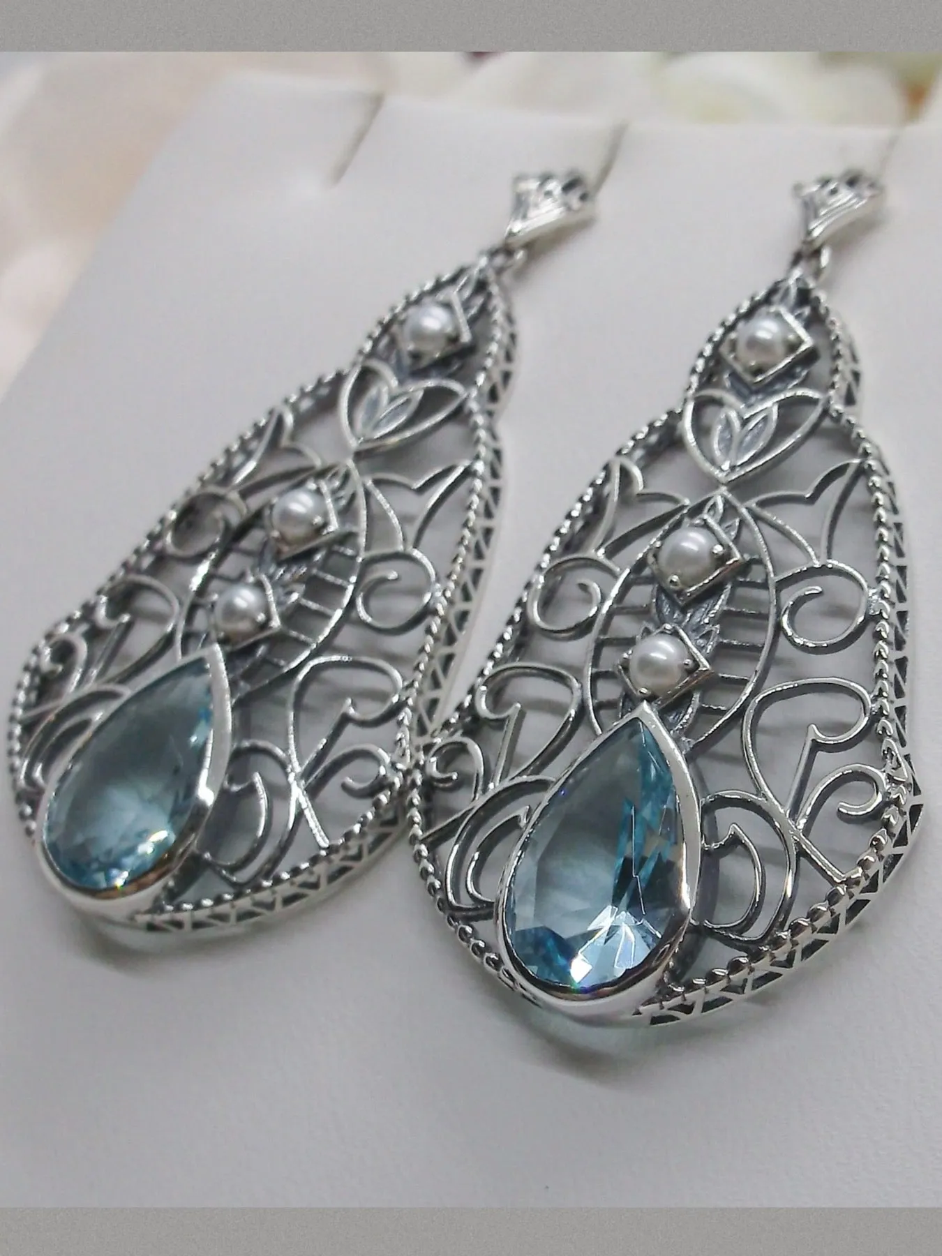E22, Belle Earrings, Gemstone & Pearl Lavalier Earrings, Victorian Jewelry E22