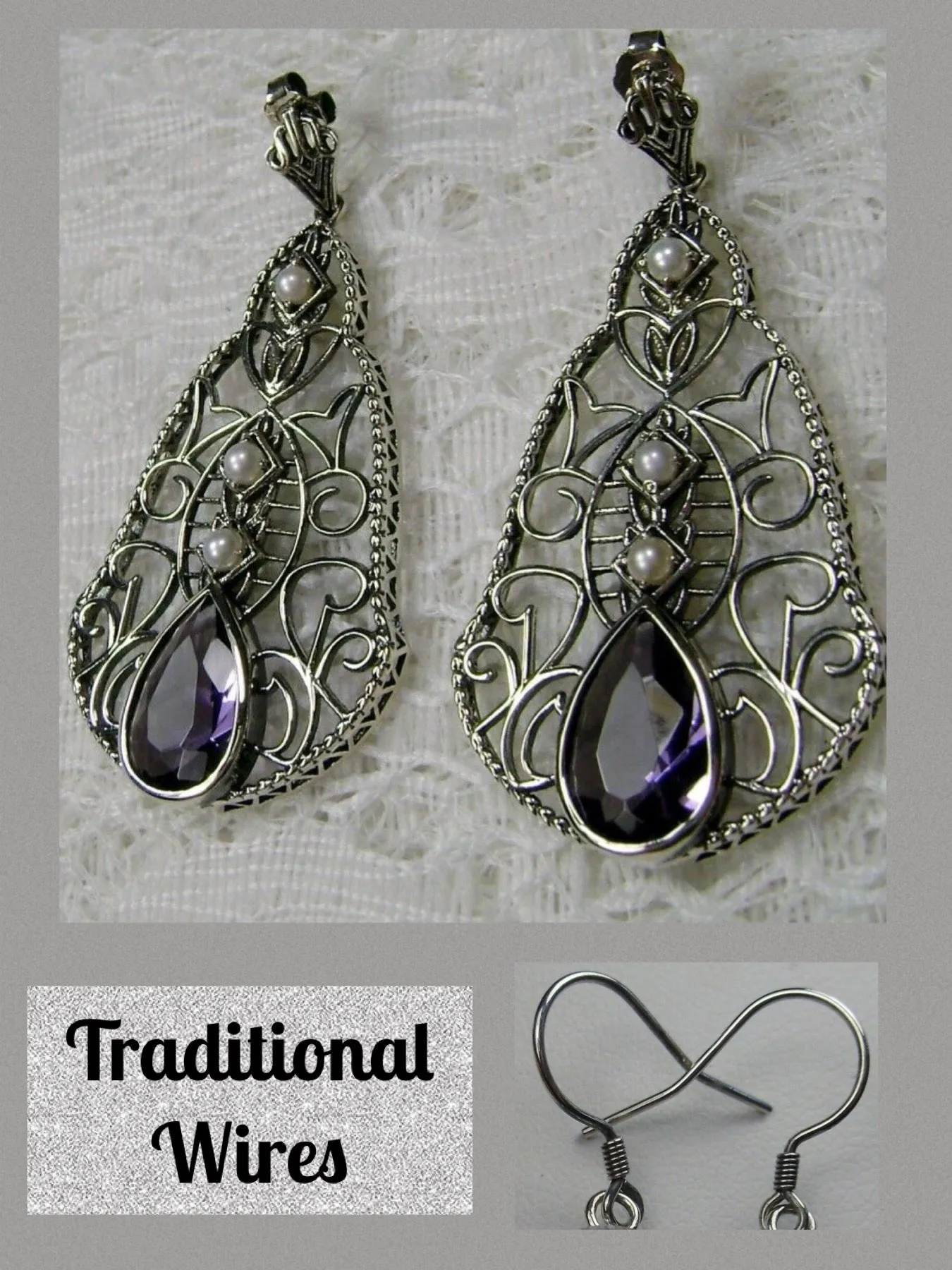 E22, Belle Earrings, Gemstone & Pearl Lavalier Earrings, Victorian Jewelry E22