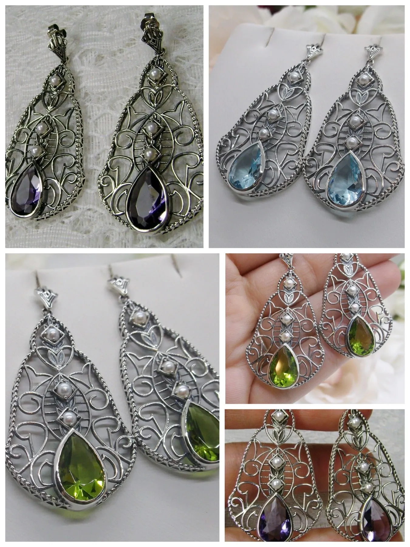 E22, Belle Earrings, Gemstone & Pearl Lavalier Earrings, Victorian Jewelry E22