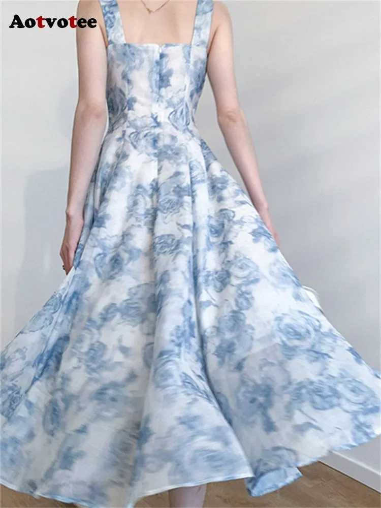 Elegant Fairycore Spaghetti Strap Slim Floral Print Midi Dress