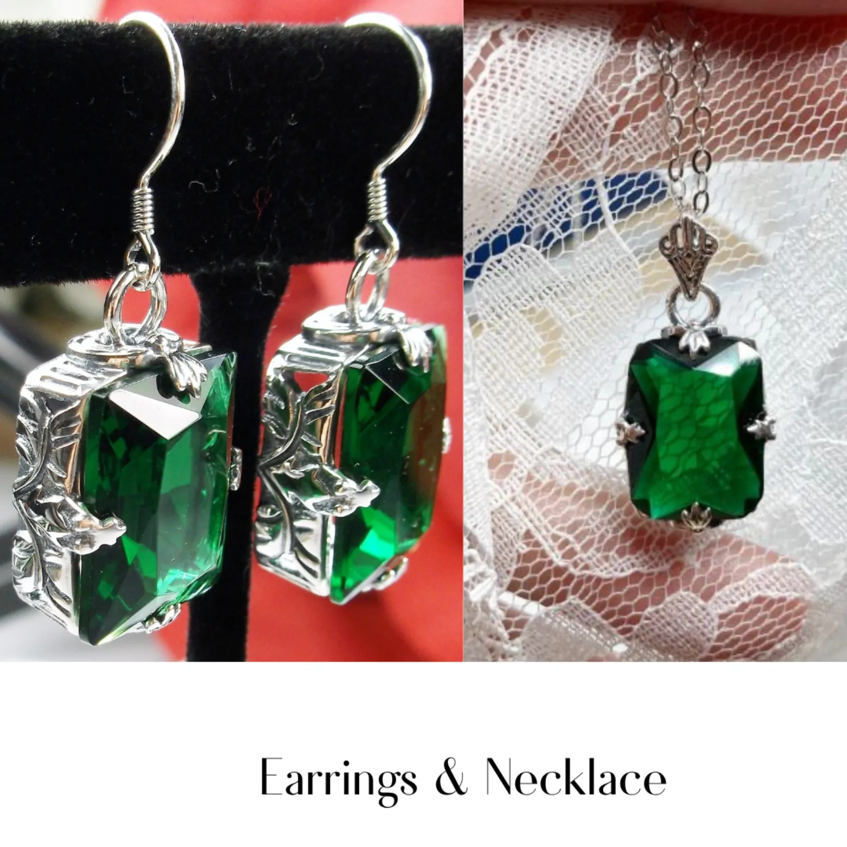 Emerald Jewelry Set, Rectangle Art Deco Set includes Ring, Earrings & Pendant #S15