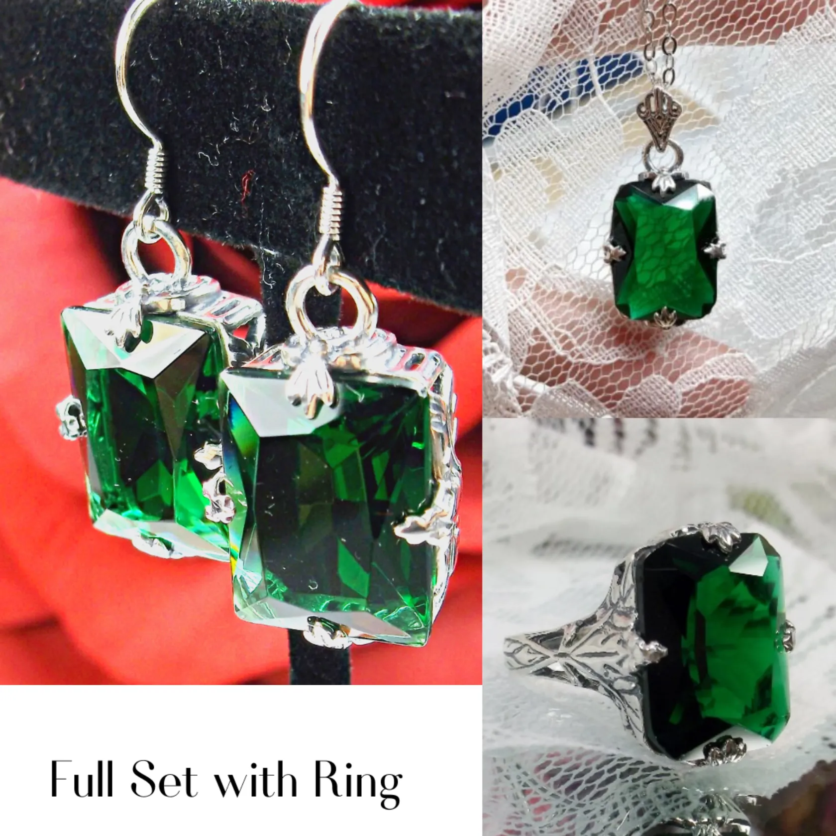 Emerald Jewelry Set, Rectangle Art Deco Set includes Ring, Earrings & Pendant #S15