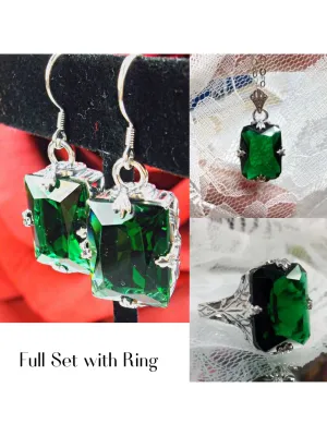 Emerald Jewelry Set, Rectangle Art Deco Set includes Ring, Earrings & Pendant #S15