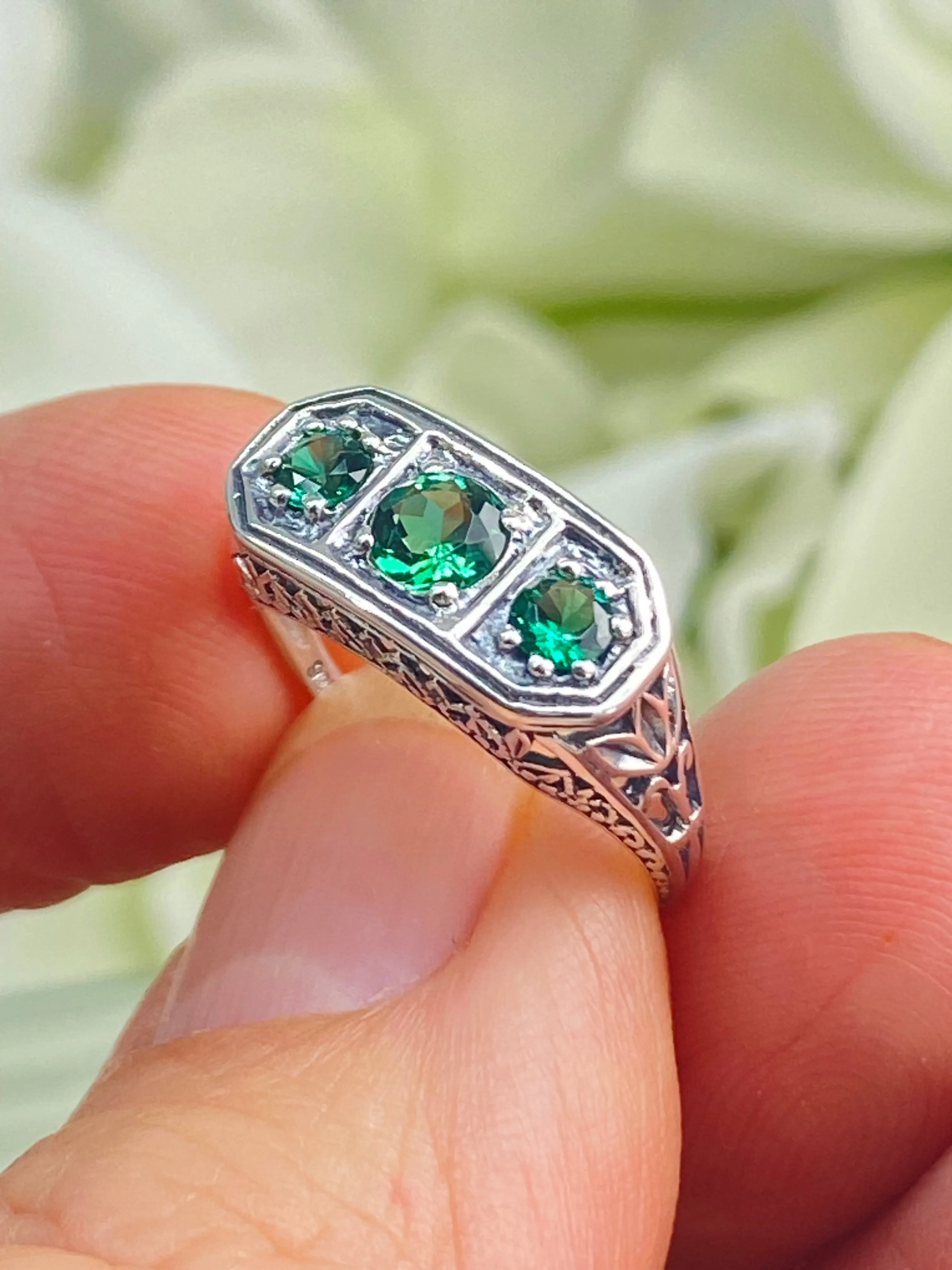 Emerald Ring, Natural or Simulated Emerald Sterling Silver Lily Leaf Filigree, Edwardian Jewelry #D197