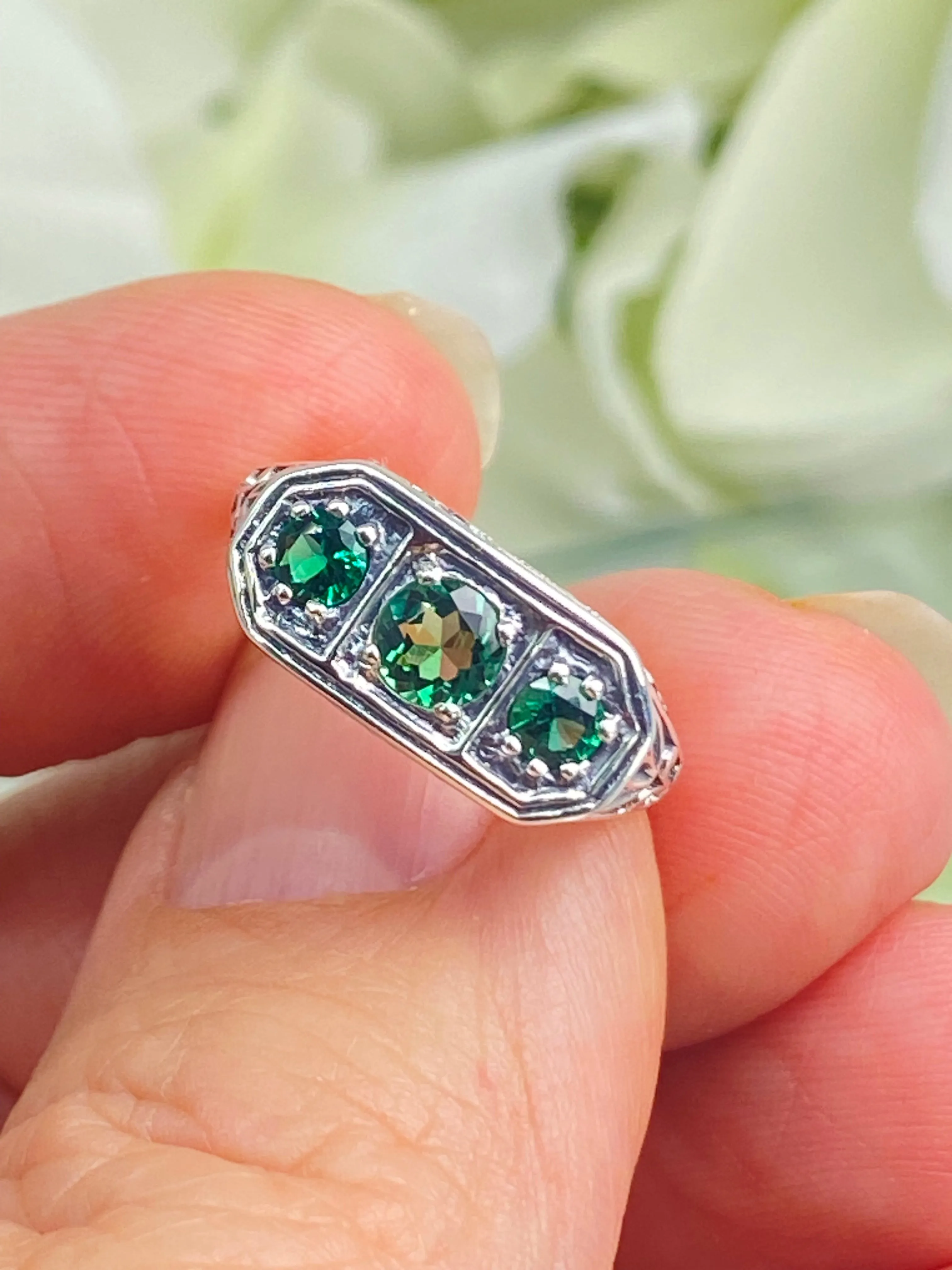 Emerald Ring, Natural or Simulated Emerald Sterling Silver Lily Leaf Filigree, Edwardian Jewelry #D197