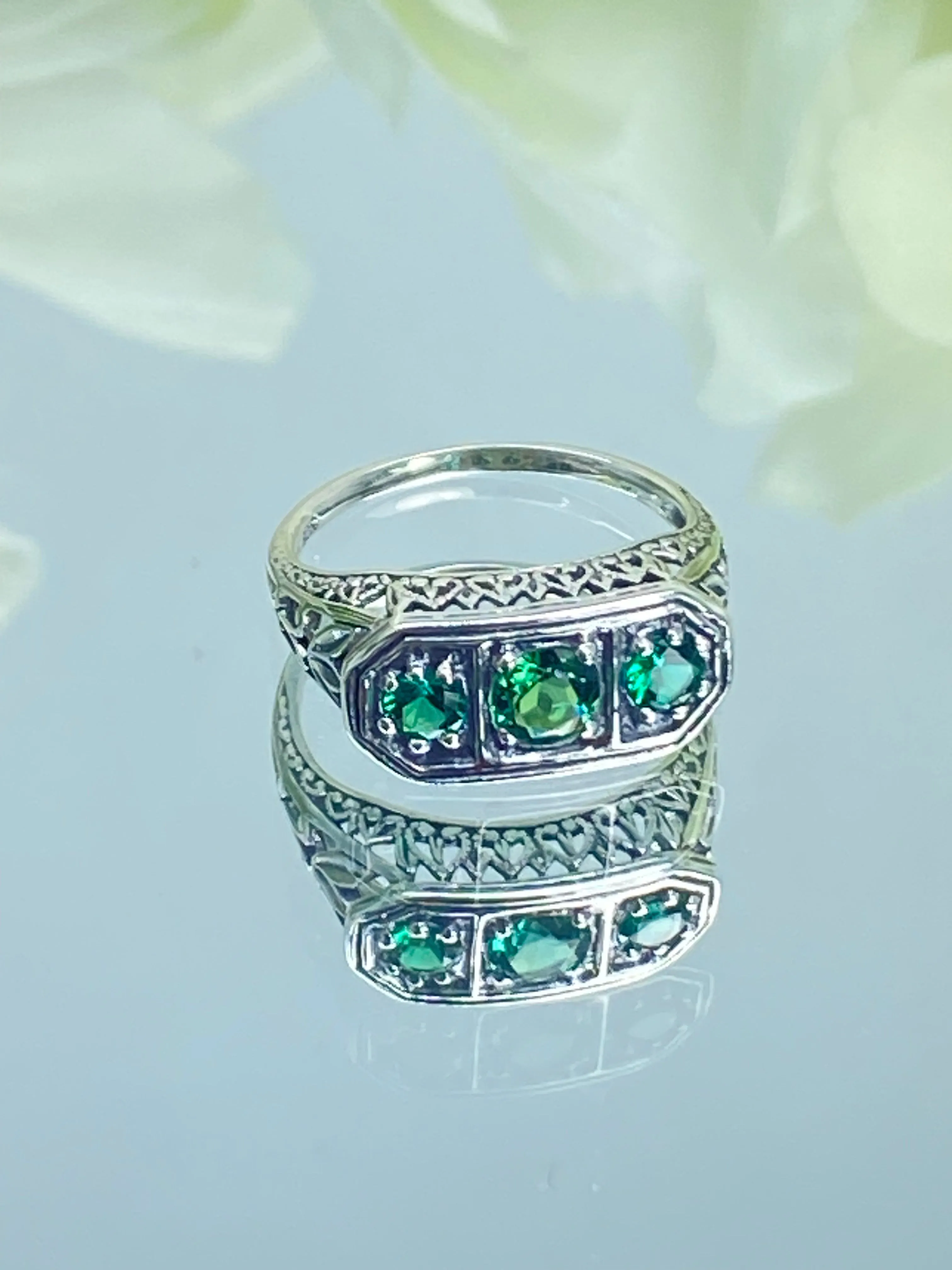 Emerald Ring, Natural or Simulated Emerald Sterling Silver Lily Leaf Filigree, Edwardian Jewelry #D197