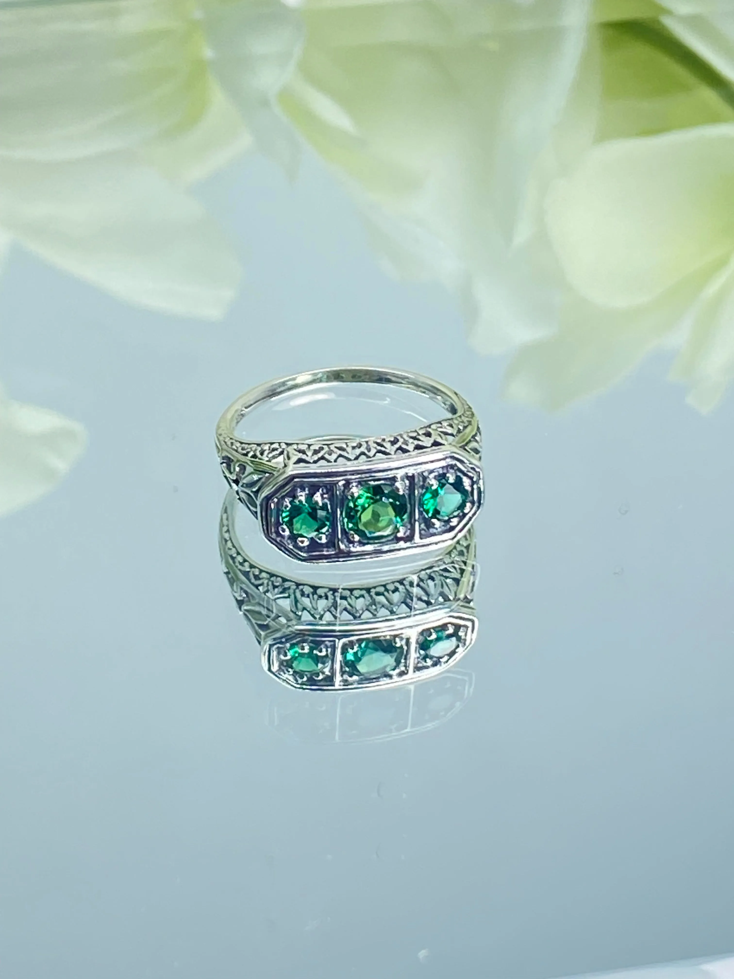 Emerald Ring, Natural or Simulated Emerald Sterling Silver Lily Leaf Filigree, Edwardian Jewelry #D197