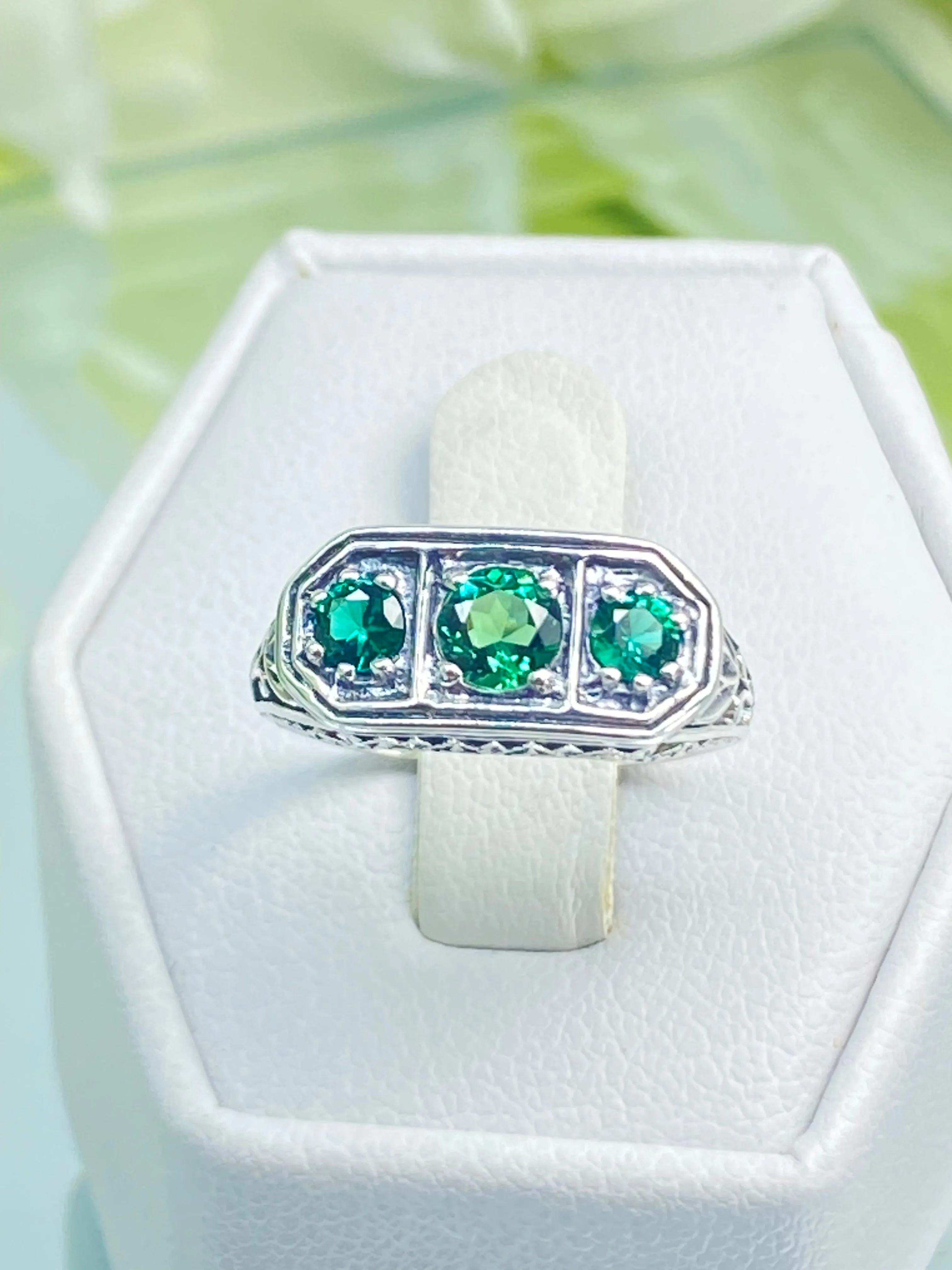 Emerald Ring, Natural or Simulated Emerald Sterling Silver Lily Leaf Filigree, Edwardian Jewelry #D197