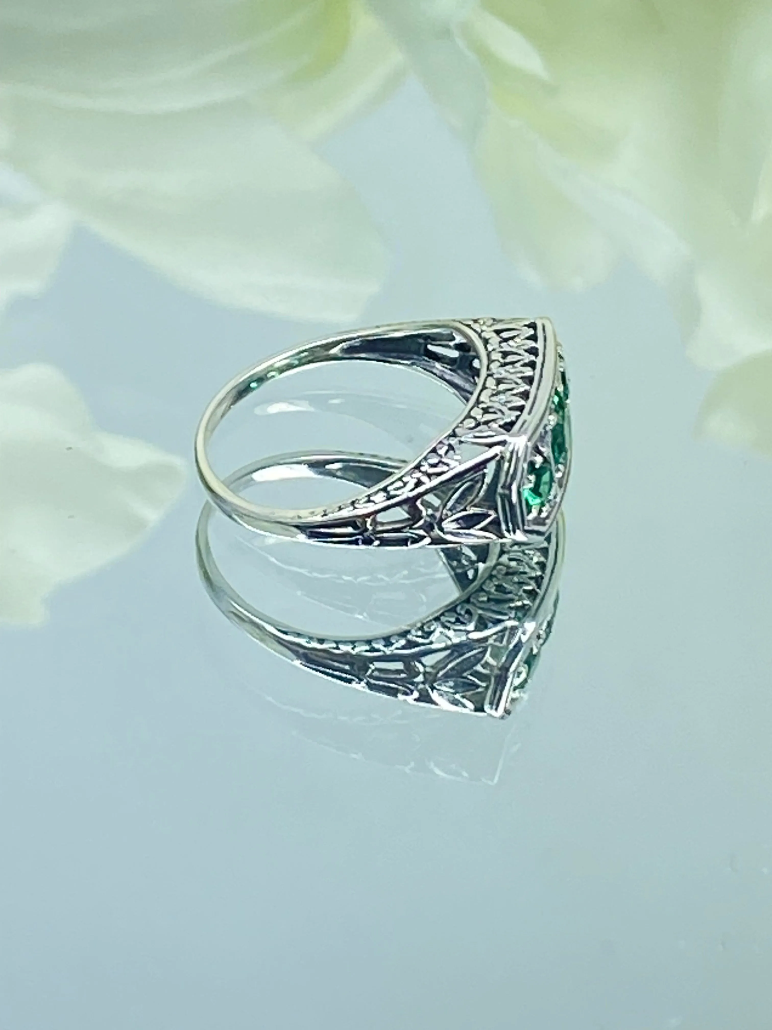 Emerald Ring, Natural or Simulated Emerald Sterling Silver Lily Leaf Filigree, Edwardian Jewelry #D197