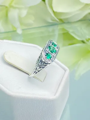 Emerald Ring, Natural or Simulated Emerald Sterling Silver Lily Leaf Filigree, Edwardian Jewelry #D197