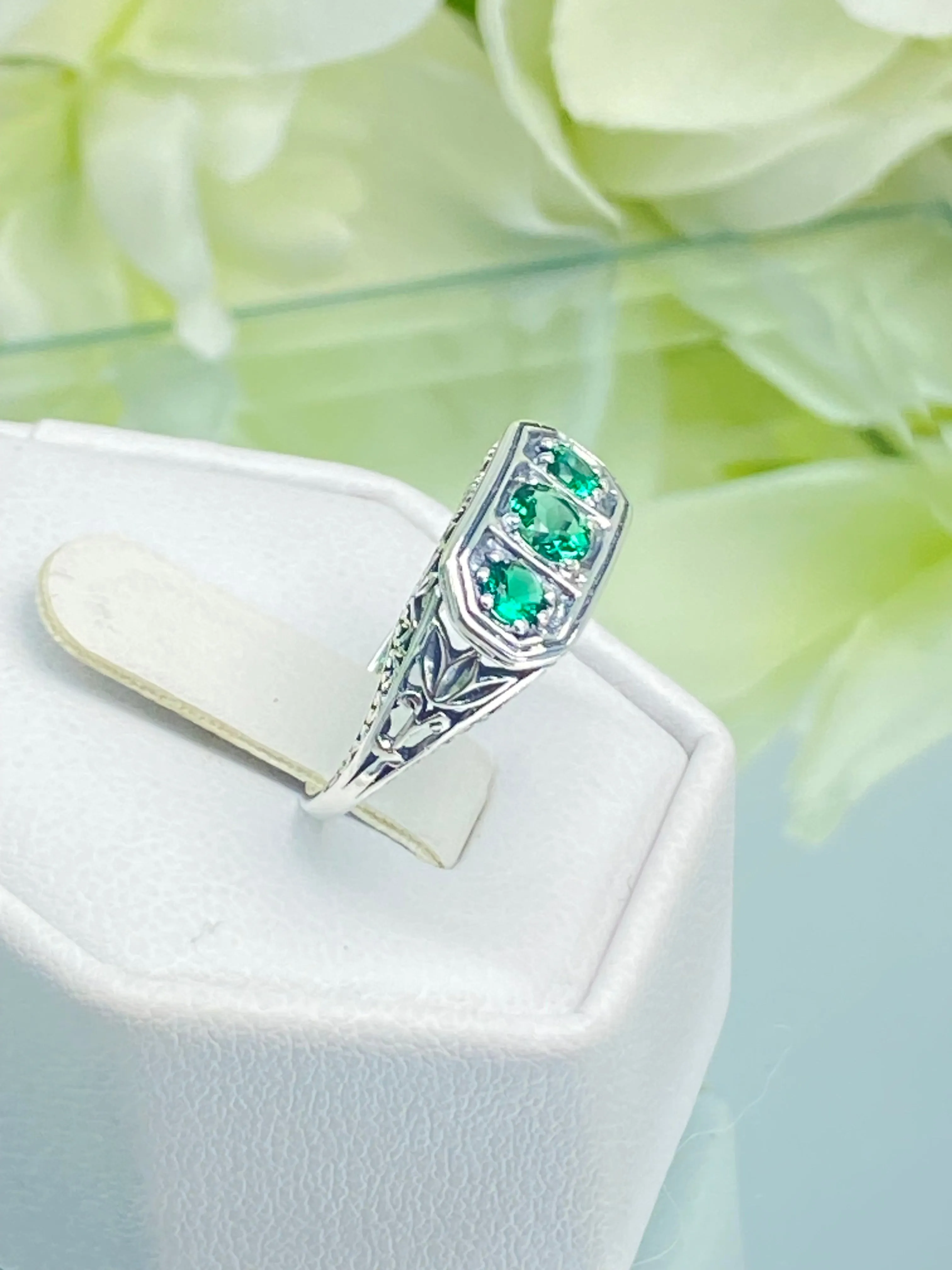 Emerald Ring, Natural or Simulated Emerald Sterling Silver Lily Leaf Filigree, Edwardian Jewelry #D197