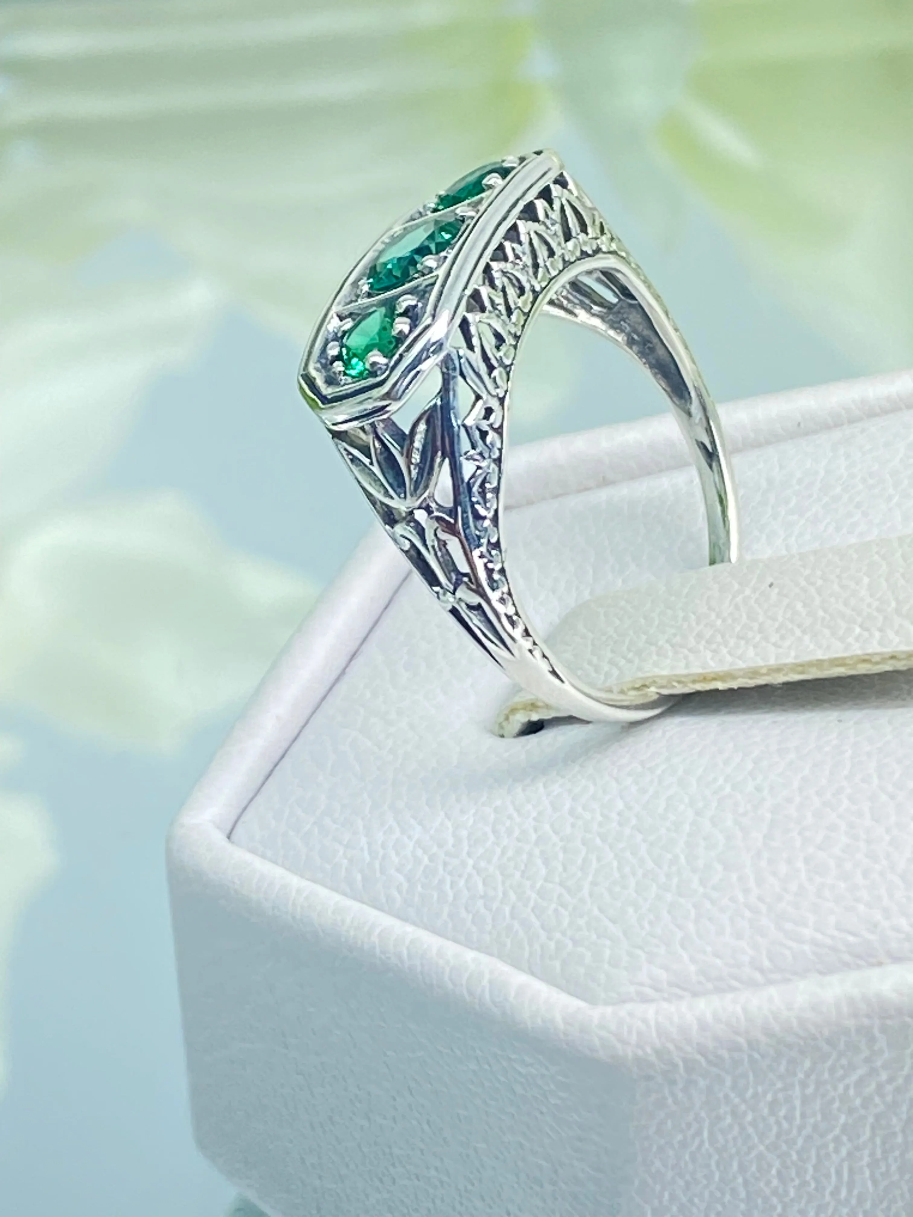 Emerald Ring, Natural or Simulated Emerald Sterling Silver Lily Leaf Filigree, Edwardian Jewelry #D197