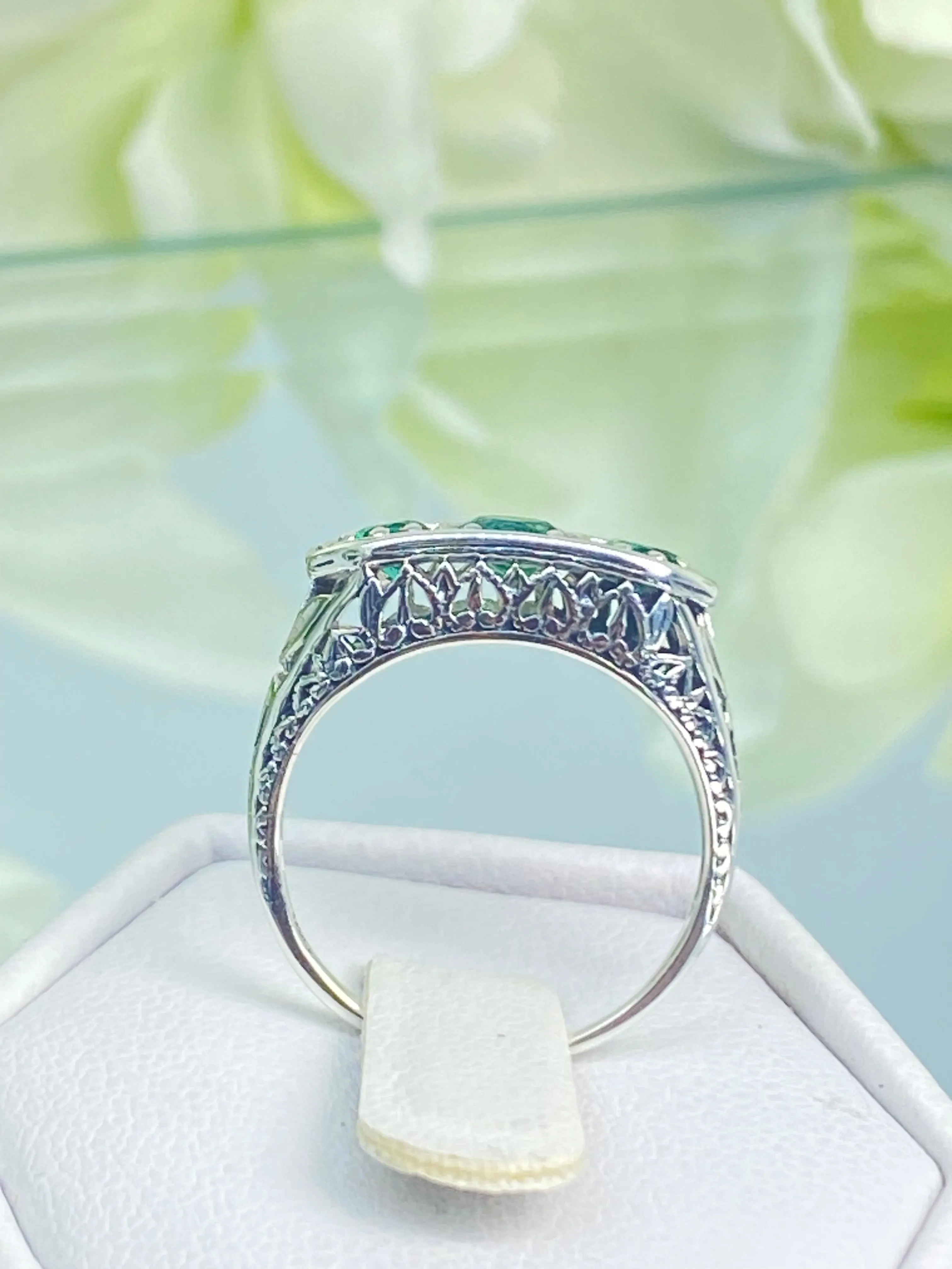 Emerald Ring, Natural or Simulated Emerald Sterling Silver Lily Leaf Filigree, Edwardian Jewelry #D197