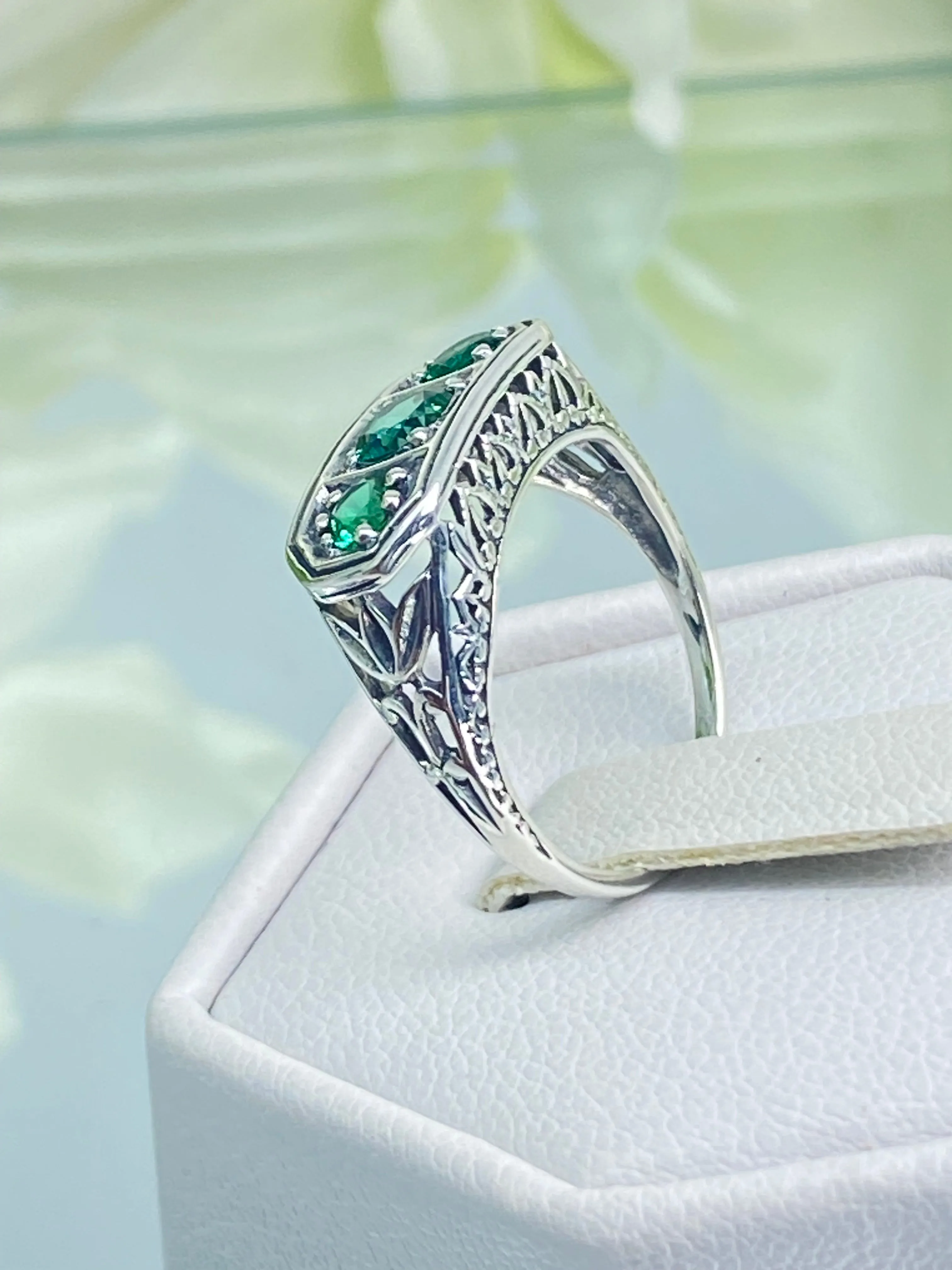 Emerald Ring, Natural or Simulated Emerald Sterling Silver Lily Leaf Filigree, Edwardian Jewelry #D197