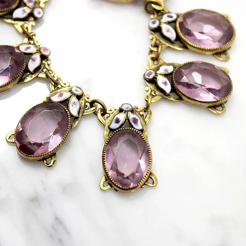 Enameled Brass & Purple Glass Necklace
