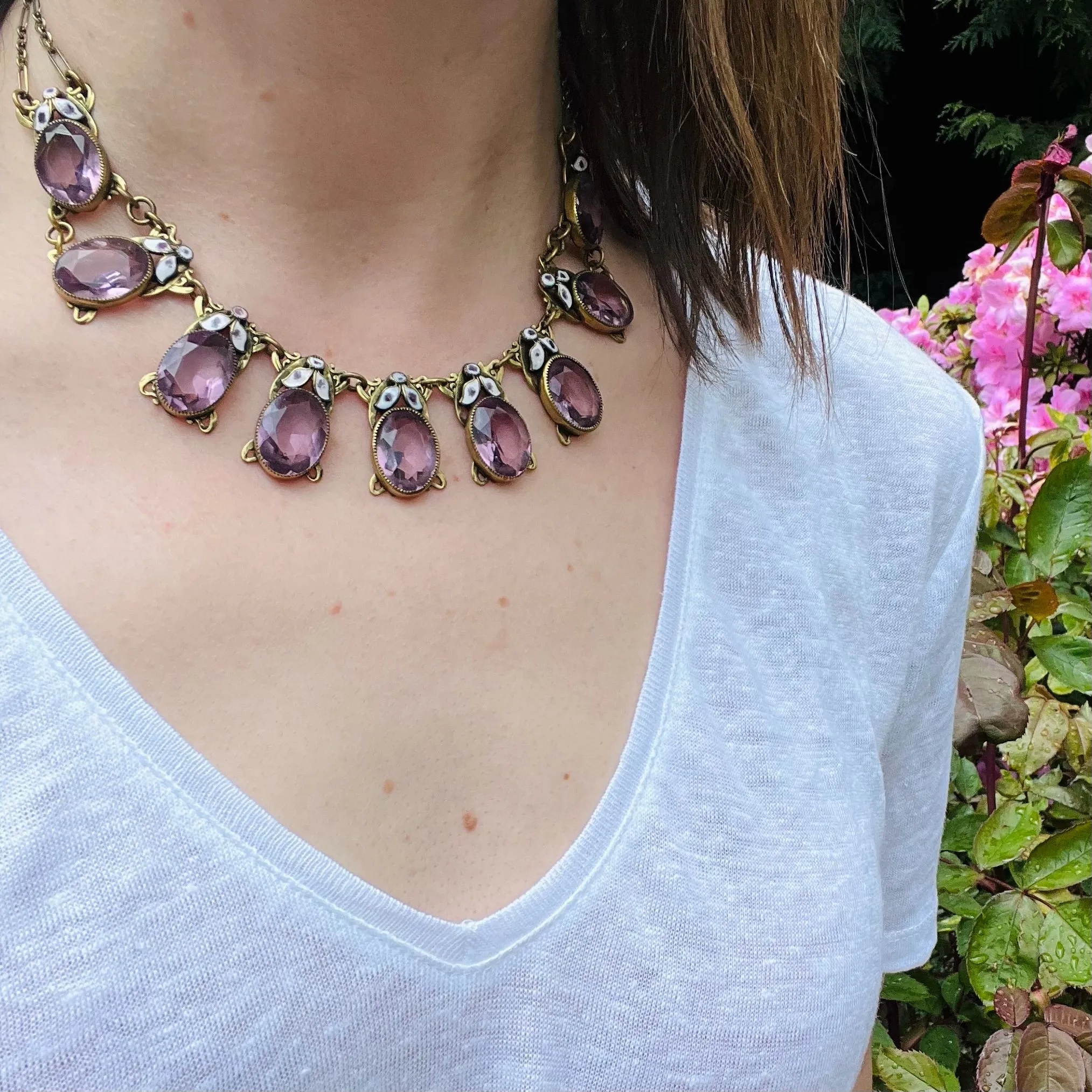 Enameled Brass & Purple Glass Necklace