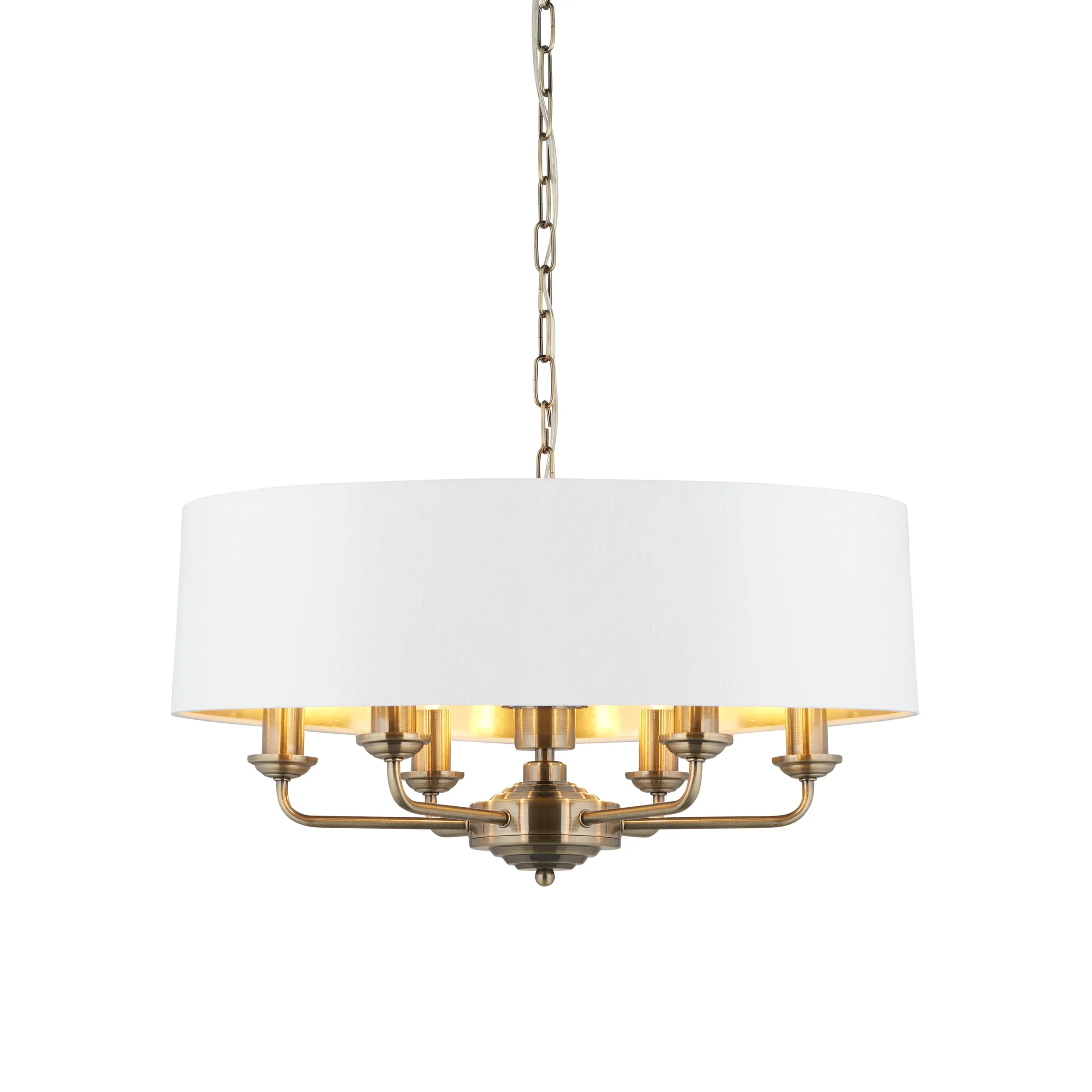 Endon 98933 Highclere 6lt Pendant Antique brass plate & vintage white fabric 6 x 40W E14 candle (Required)