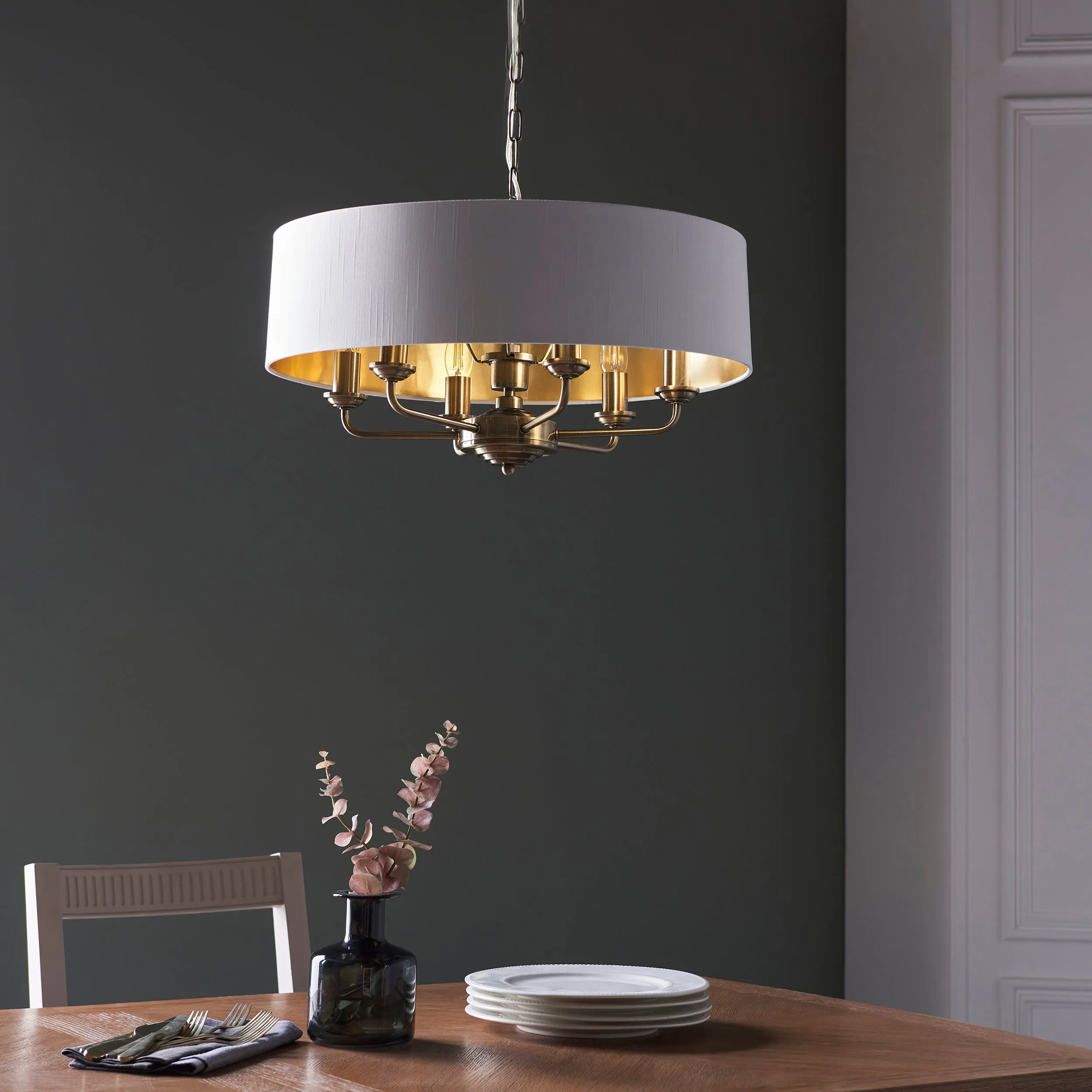 Endon 98933 Highclere 6lt Pendant Antique brass plate & vintage white fabric 6 x 40W E14 candle (Required)