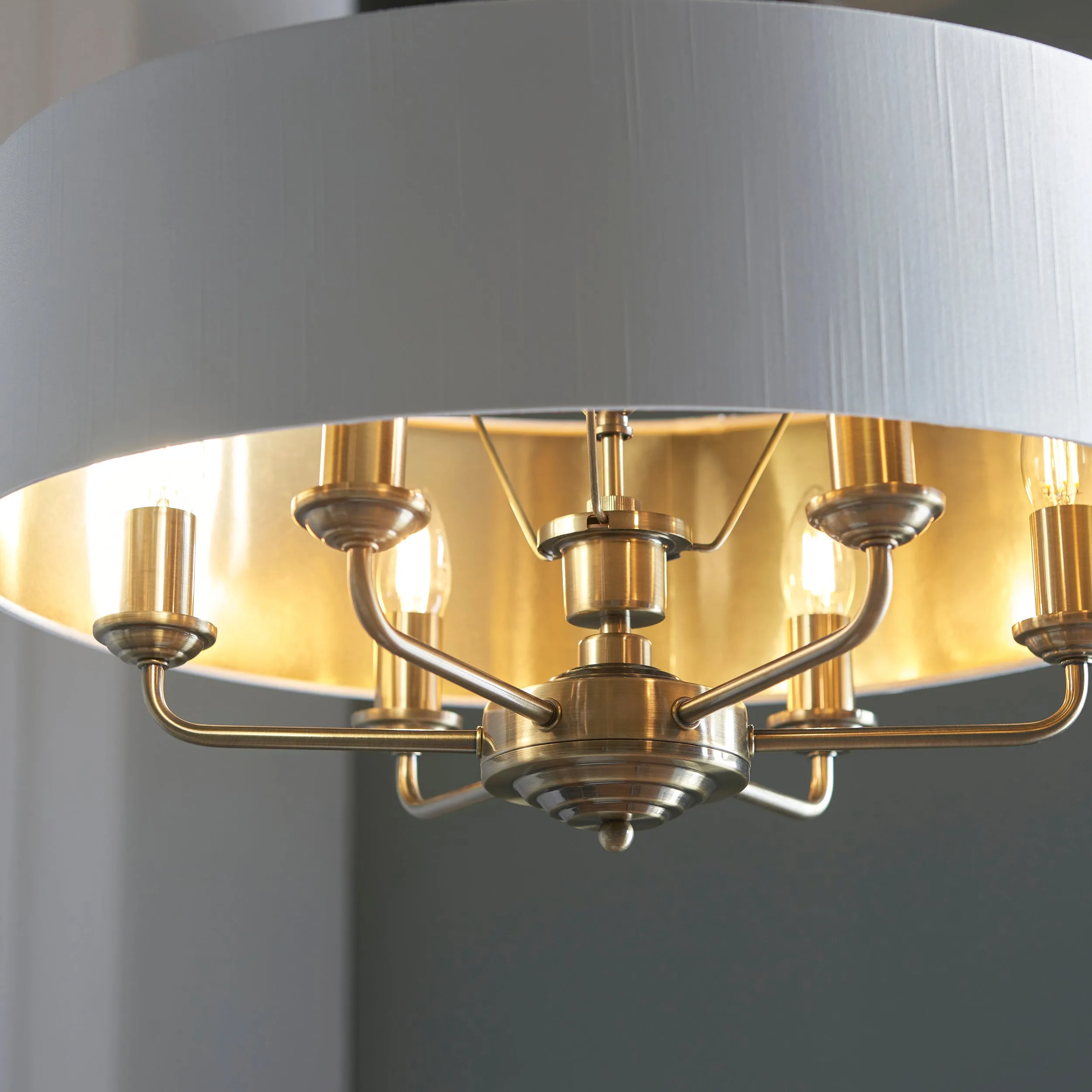Endon 98933 Highclere 6lt Pendant Antique brass plate & vintage white fabric 6 x 40W E14 candle (Required)
