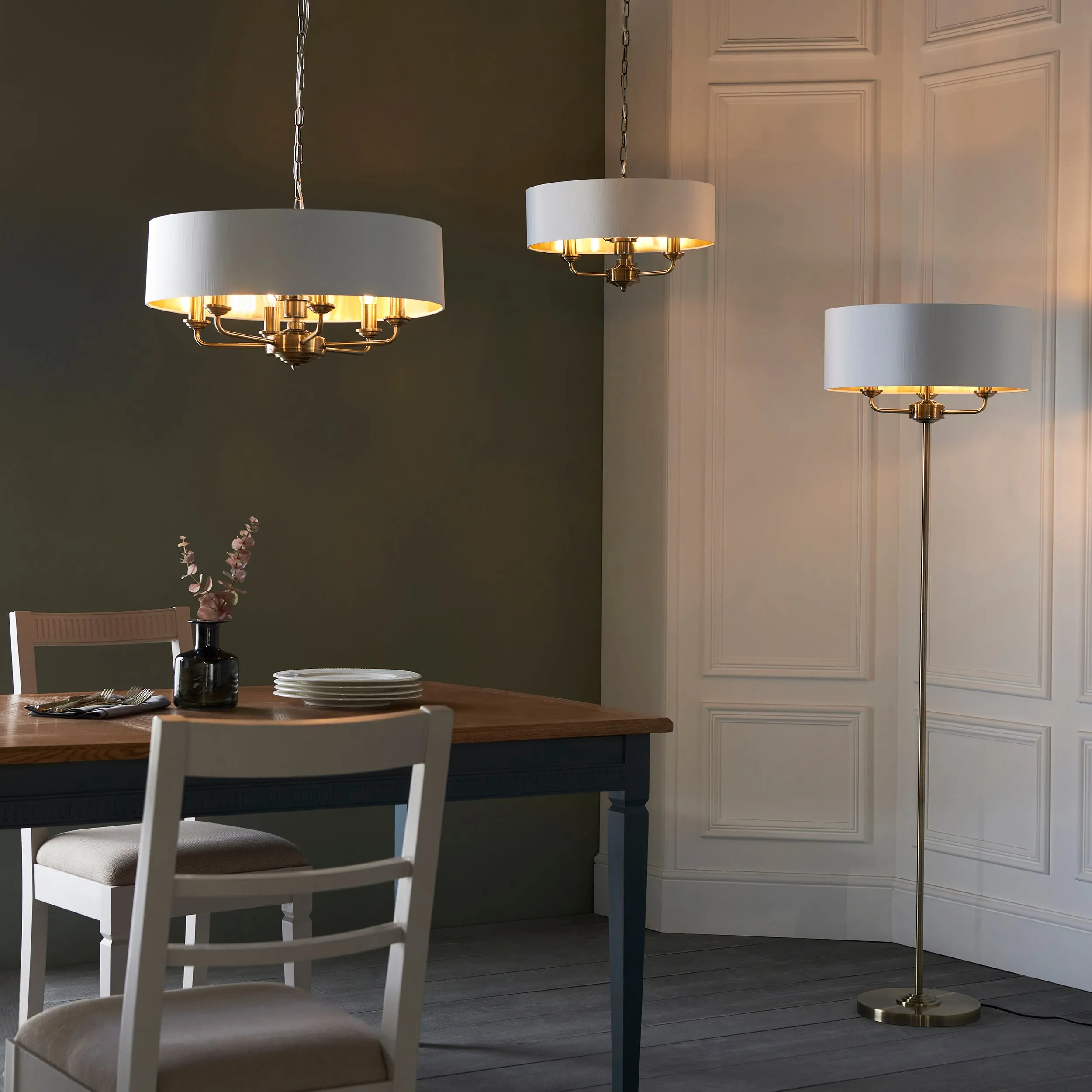 Endon 98933 Highclere 6lt Pendant Antique brass plate & vintage white fabric 6 x 40W E14 candle (Required)