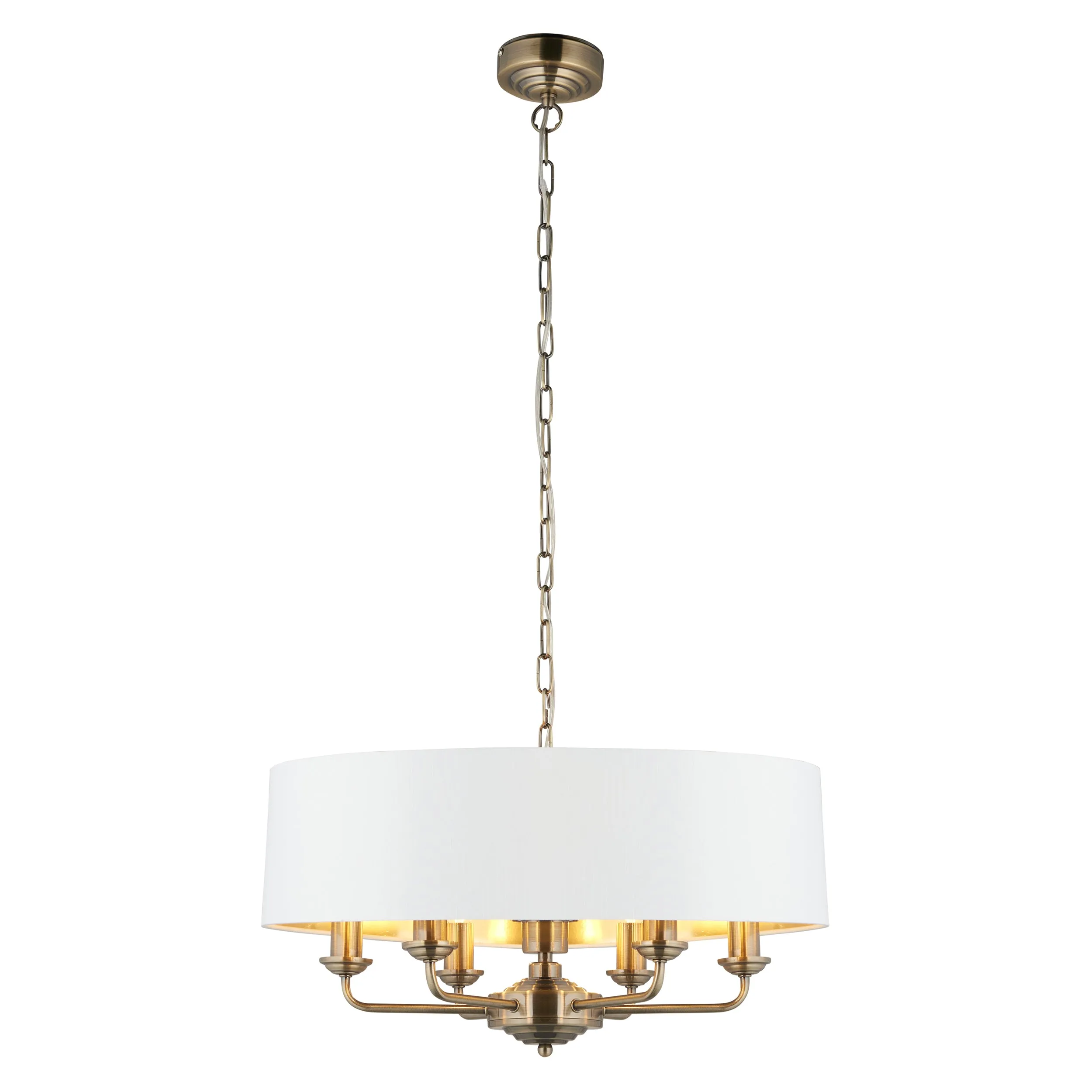 Endon 98933 Highclere 6lt Pendant Antique brass plate & vintage white fabric 6 x 40W E14 candle (Required)