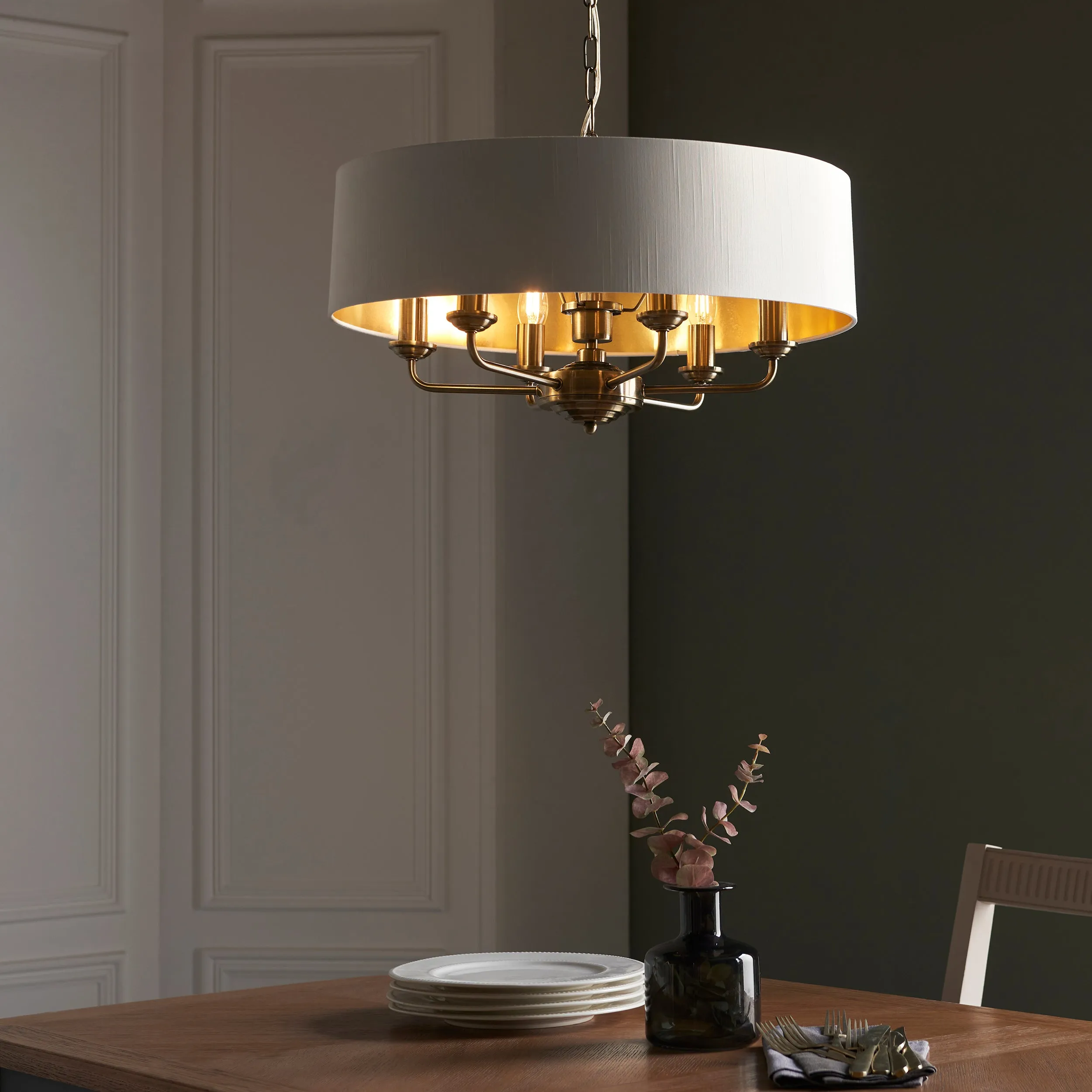 Endon 98933 Highclere 6lt Pendant Antique brass plate & vintage white fabric 6 x 40W E14 candle (Required)