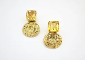Glamorous, square faceted citrine, gold-plated rava/granulation work earrings
