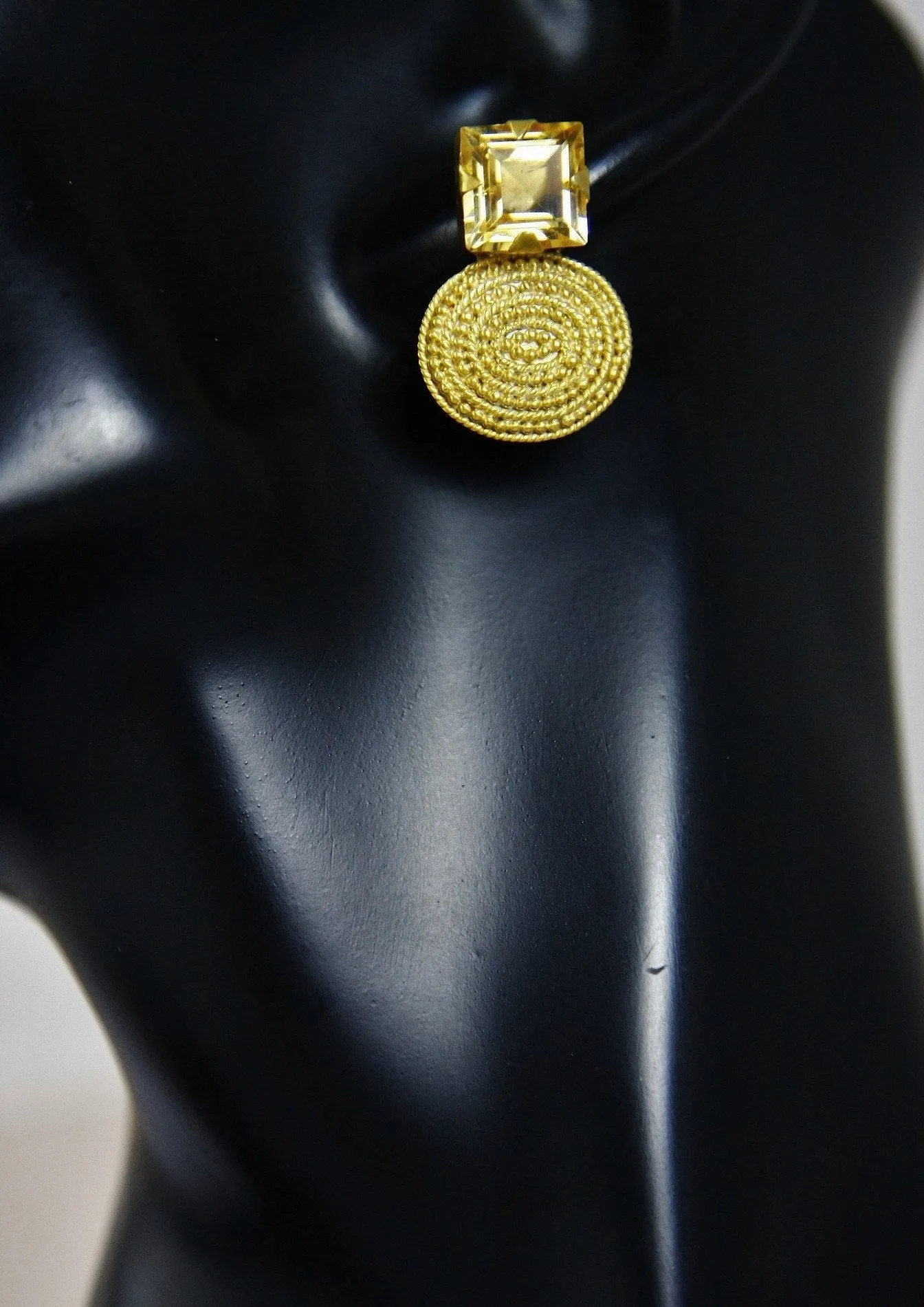 Glamorous, square faceted citrine, gold-plated rava/granulation work earrings