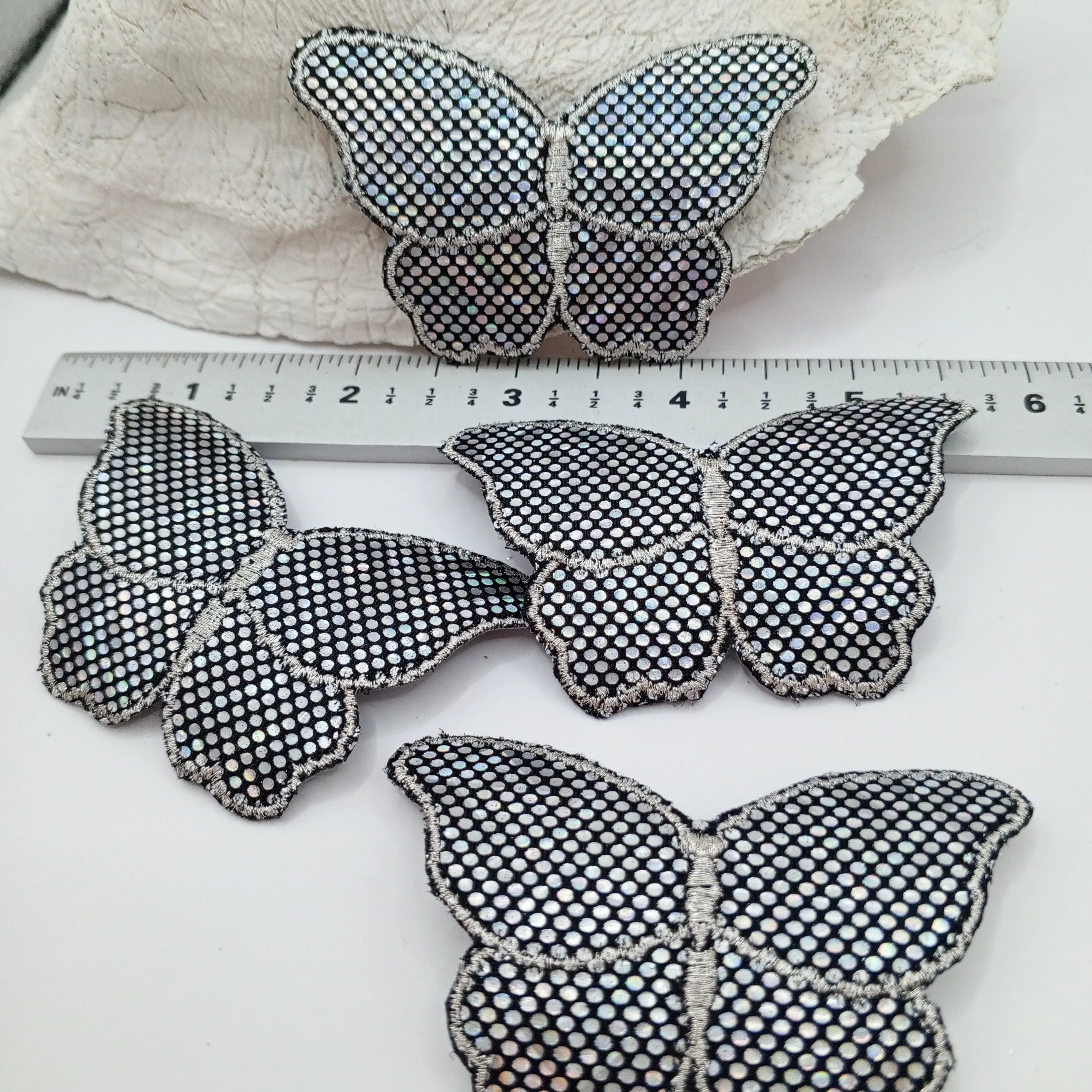 Glistening Silver Black Butterfly Iron on Patches Hologram Appliques #488