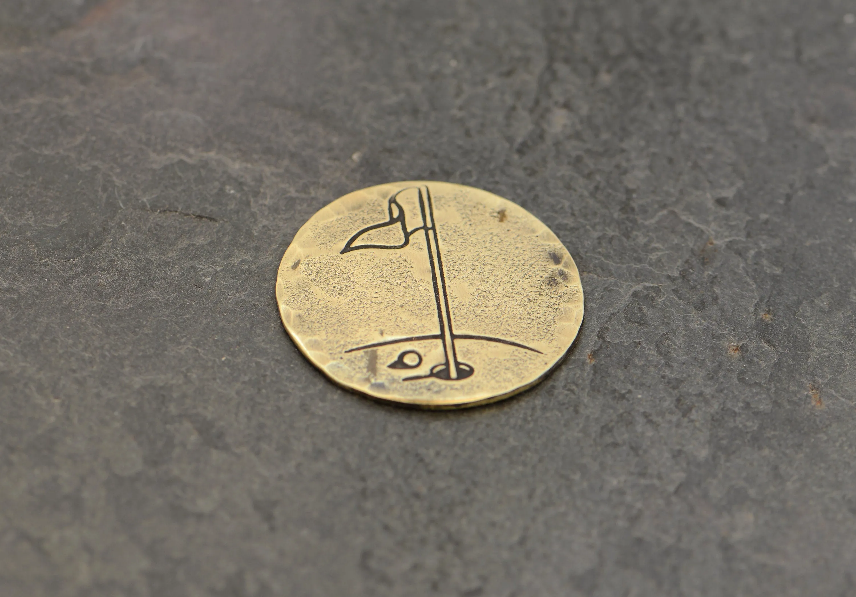 Golf Ball Marker in Bronze with Rustic Hole and Flag