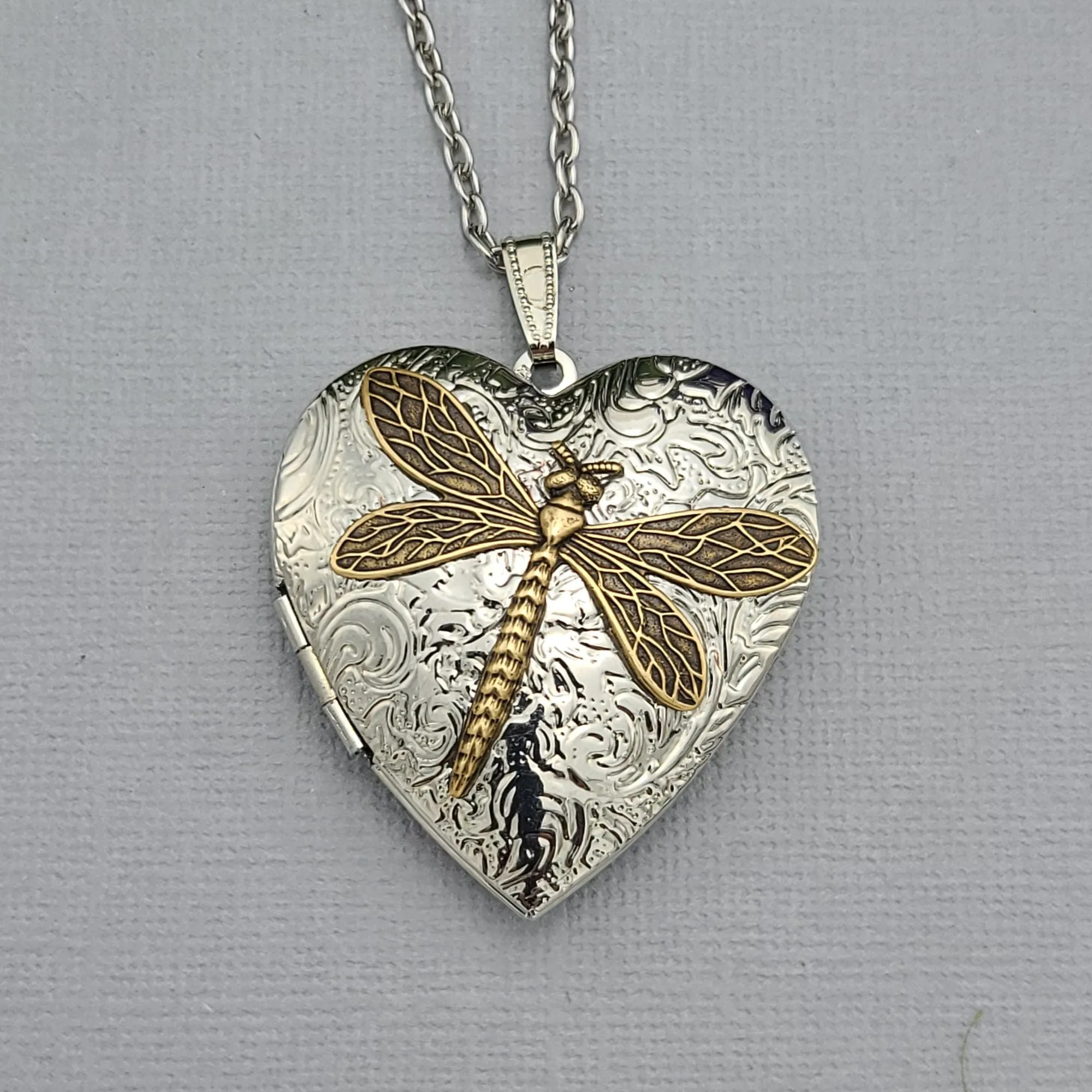 Heart Silver Dragonfly  Keepsake Photo Locket Vintage Jewelry Gift for Her Locket Necklace