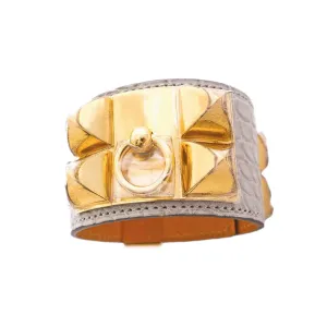 Hermes Matte Gris Perle Alligator Crocodile Croc Collier de Chien Gold GHW Leather Cuff Bracelet