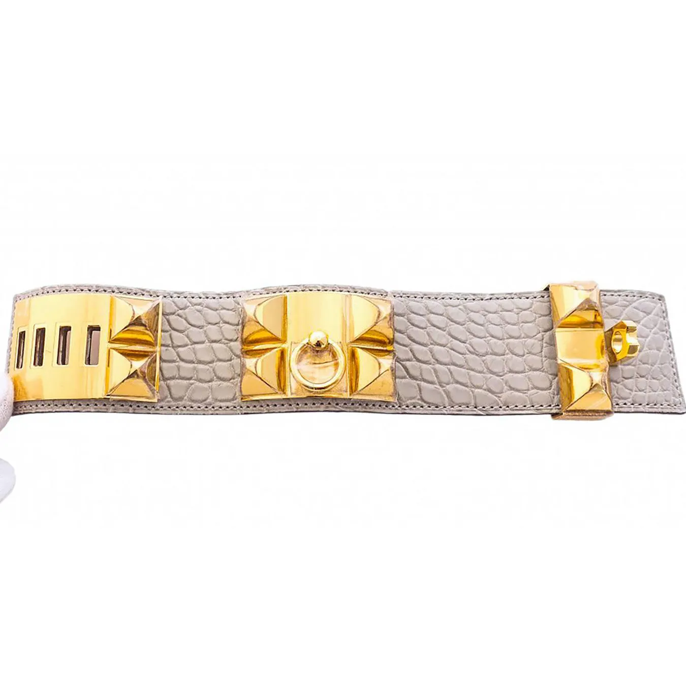 Hermes Matte Gris Perle Alligator Crocodile Croc Collier de Chien Gold GHW Leather Cuff Bracelet