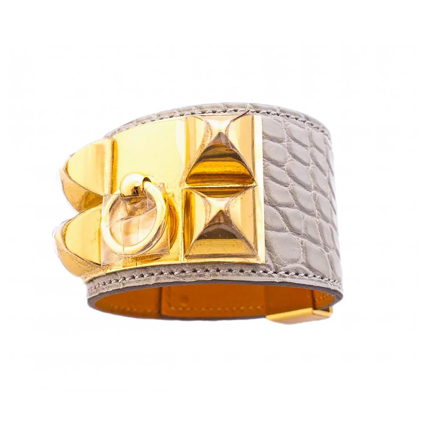 Hermes Matte Gris Perle Alligator Crocodile Croc Collier de Chien Gold GHW Leather Cuff Bracelet