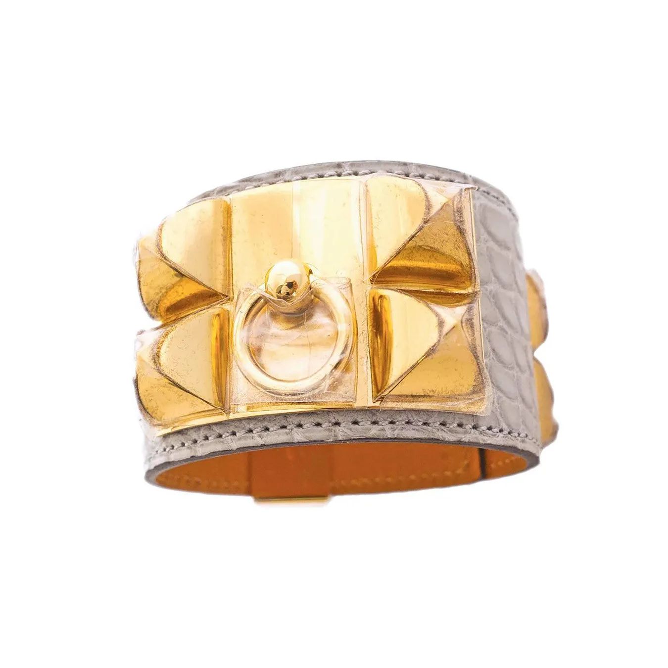 Hermes Matte Gris Perle Alligator Crocodile Croc Collier de Chien Gold GHW Leather Cuff Bracelet