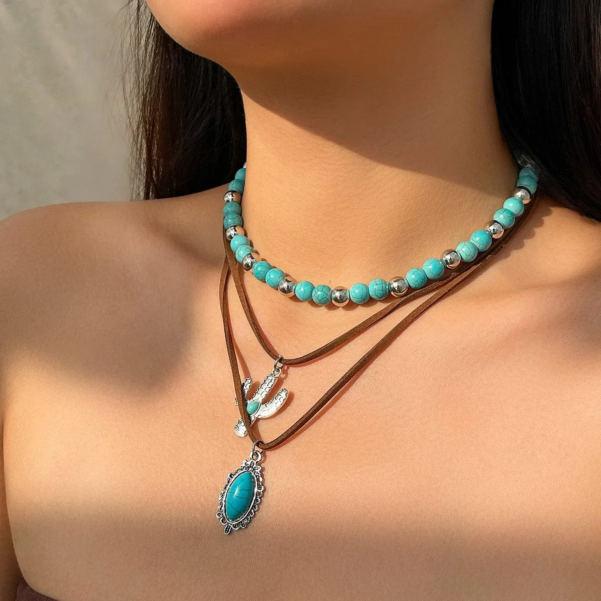 Hippie Cactus Oval Pendant Turquoise Chain Velvet Necklace Set