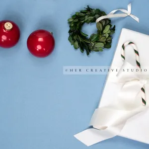 Holiday Ornaments on Blue Background
