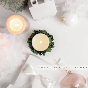 Holiday Tree, Candles & Gift on White Background