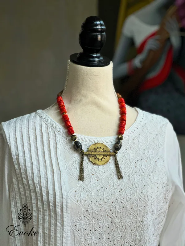 Howlite Heishi and Buffalo Horn Beads Necklace with Baule Brass Shield Pendant