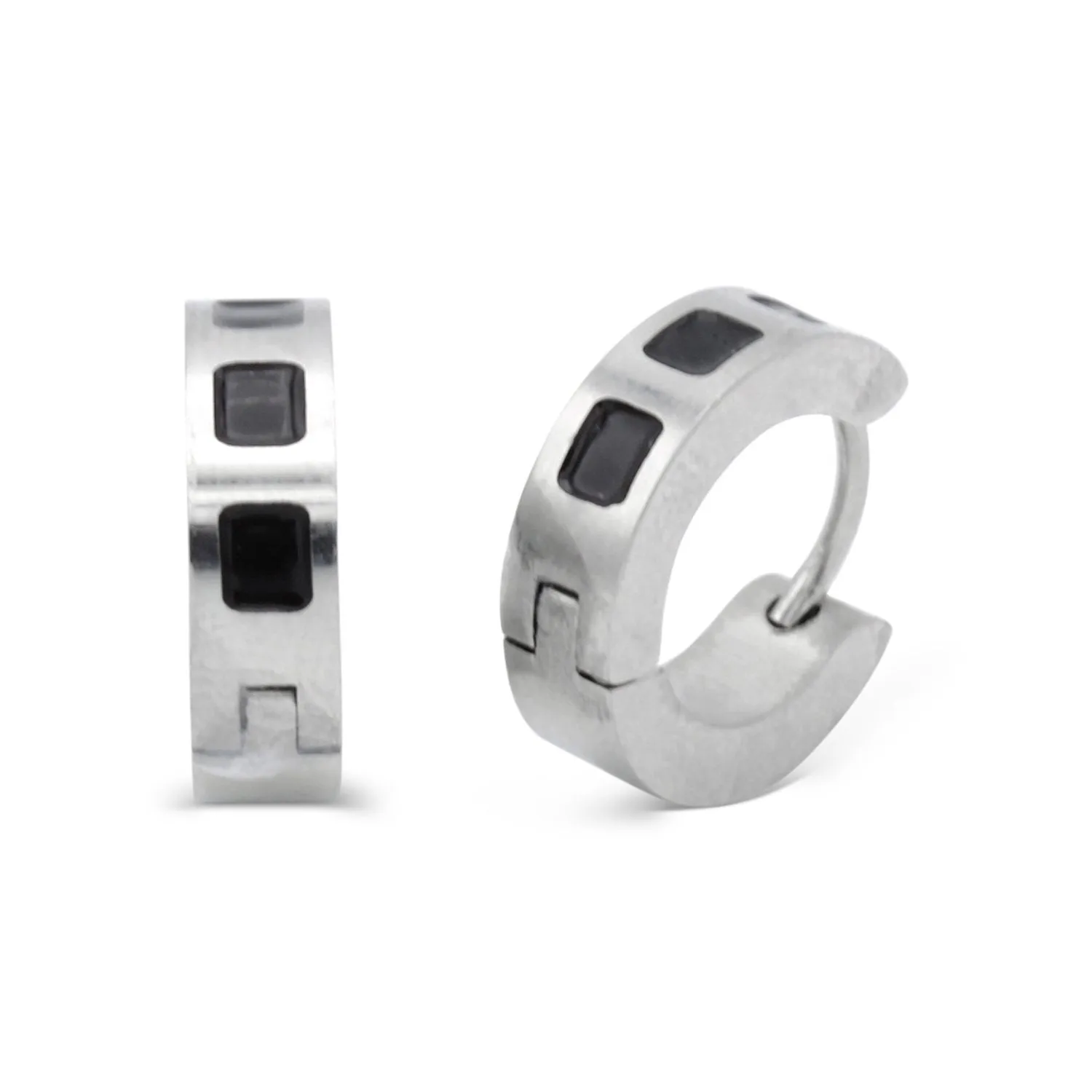 Huggie Hoop Stainless Steel Earrings with Black Design
