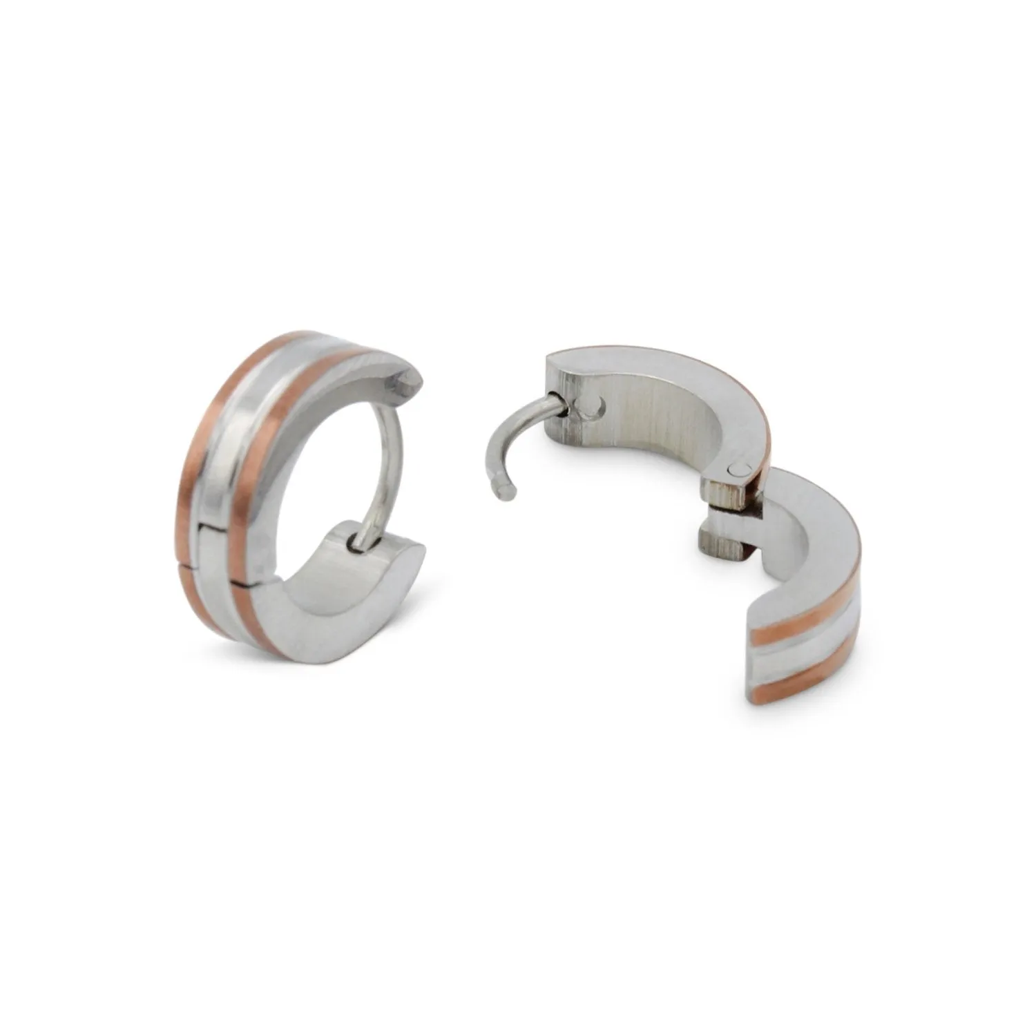 Huggie Hoop Stainless Steel Earrings with Rose Gold Stripes
