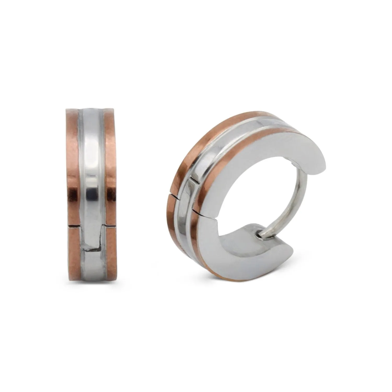 Huggie Hoop Stainless Steel Earrings with Rose Gold Stripes